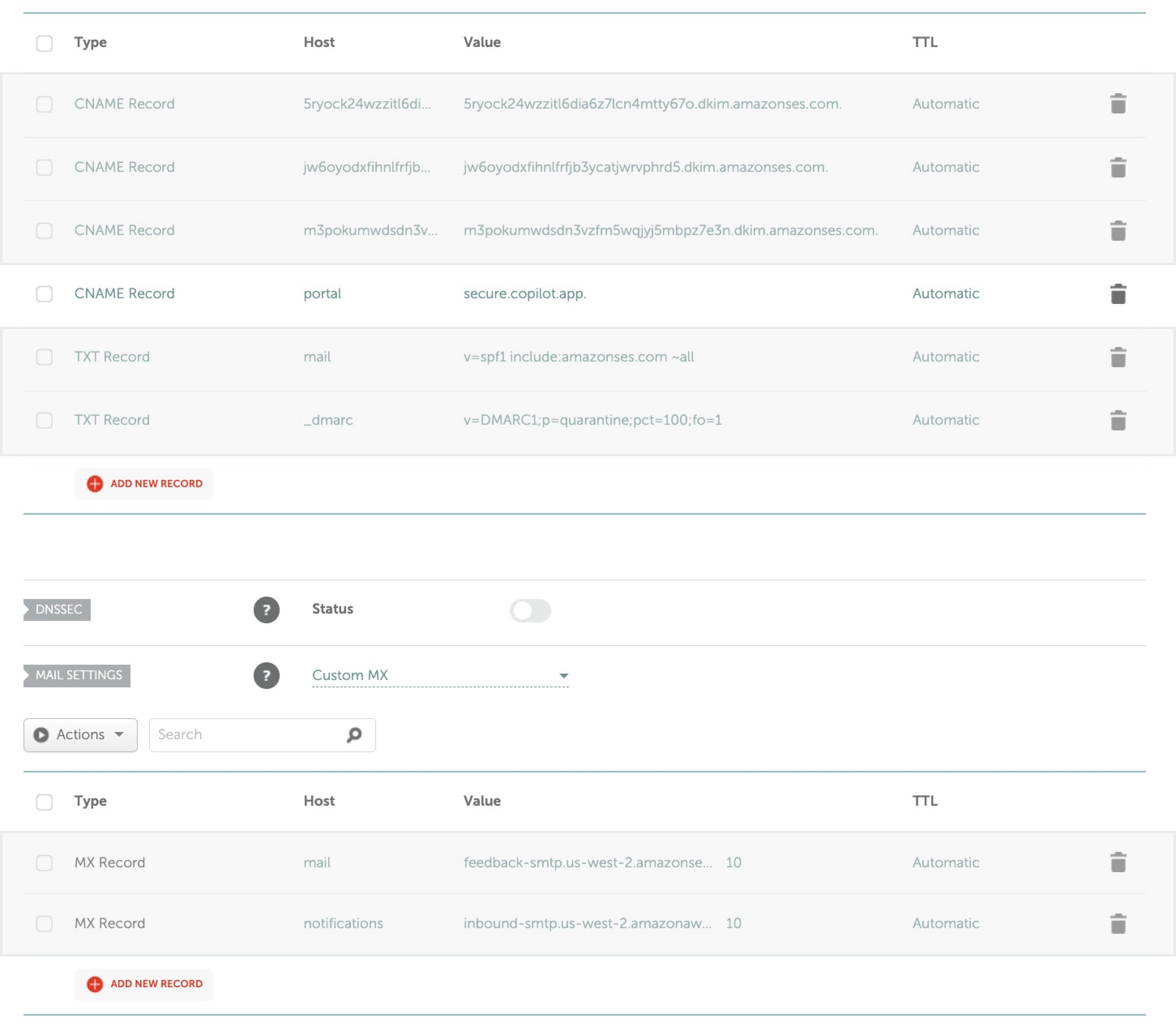 Example custom email domain records in a registrar's advanced DNS settings