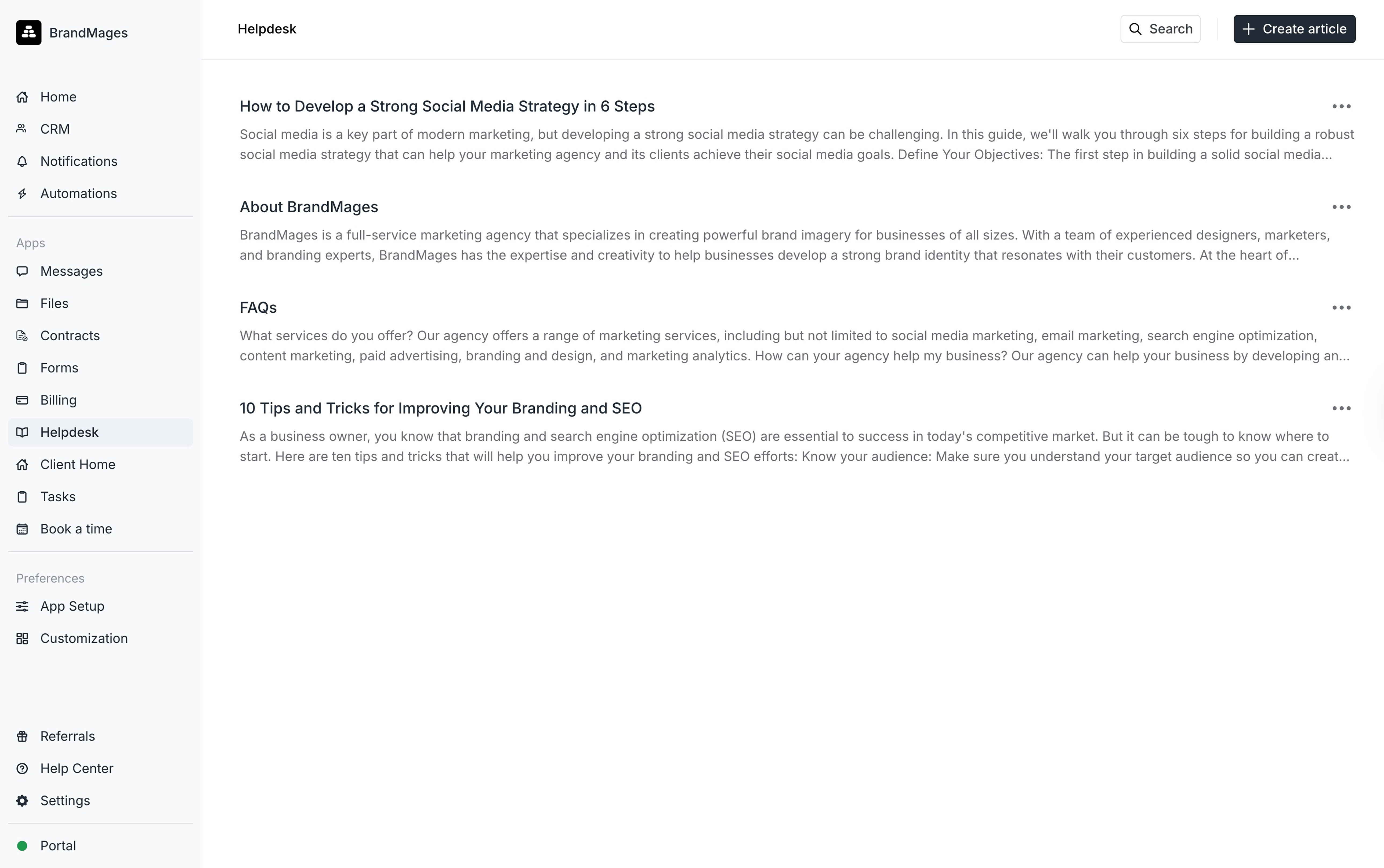 The Helpdesk app showing a list of articles