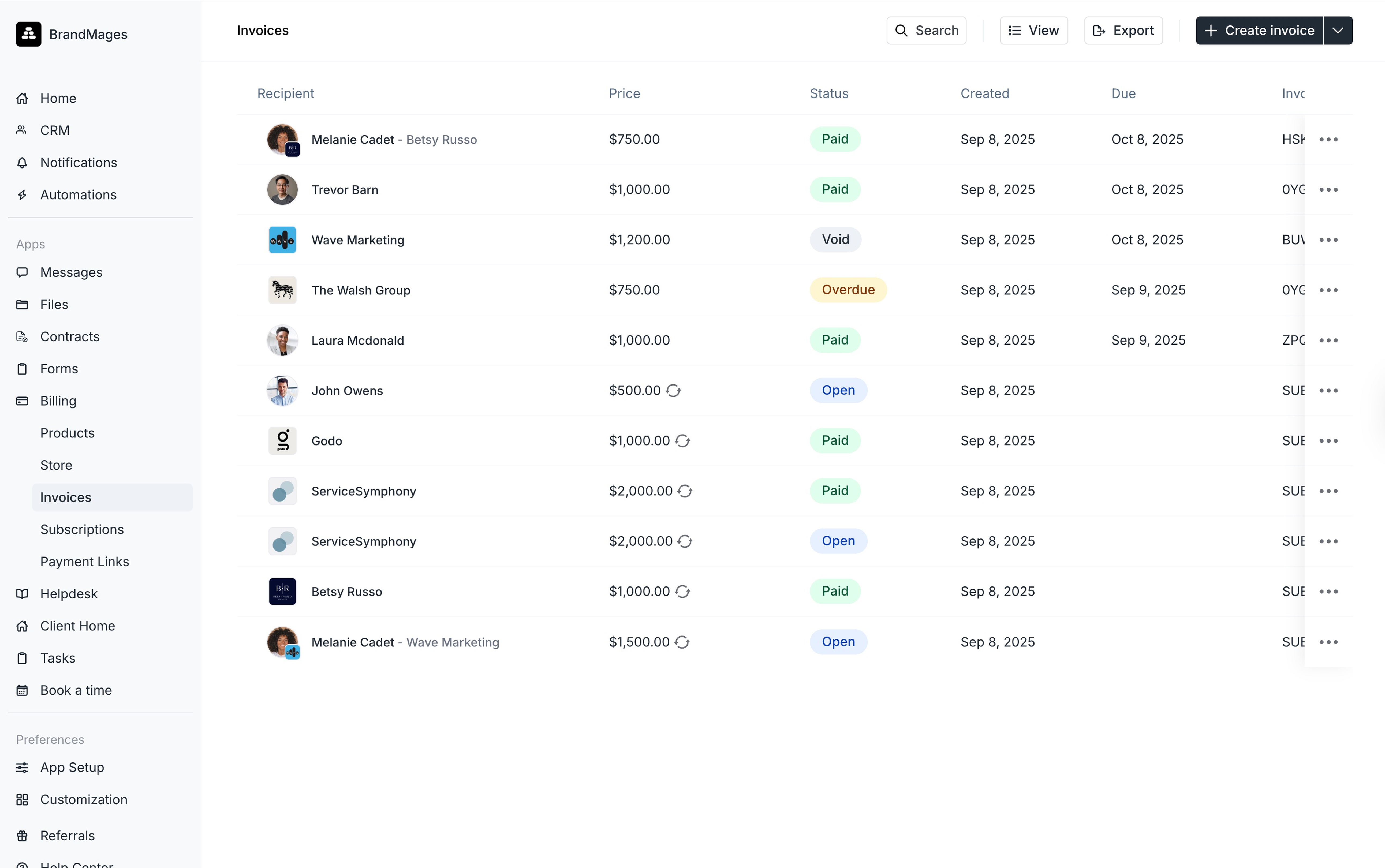 Invoices page