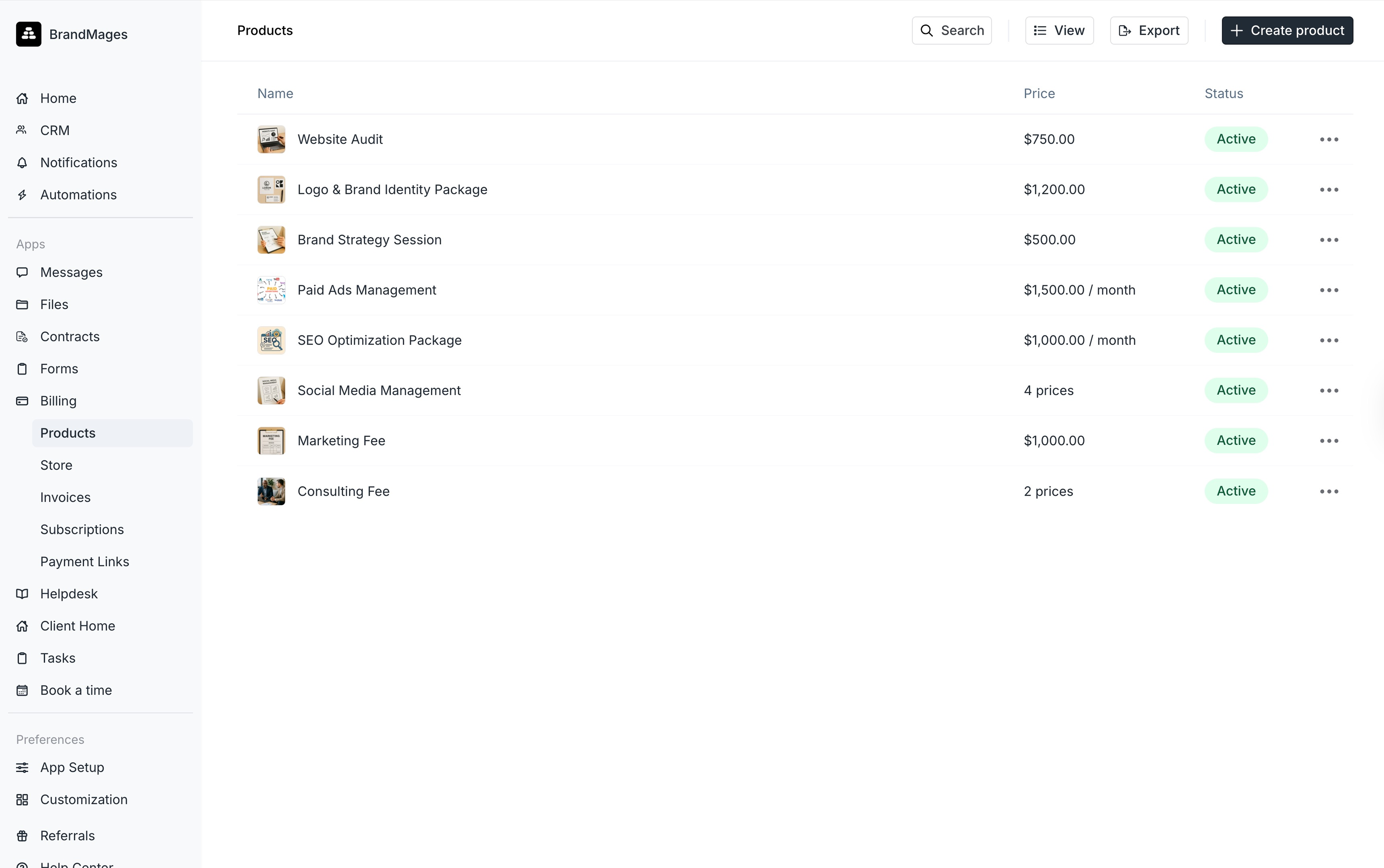 Services page showing services with prices and status
