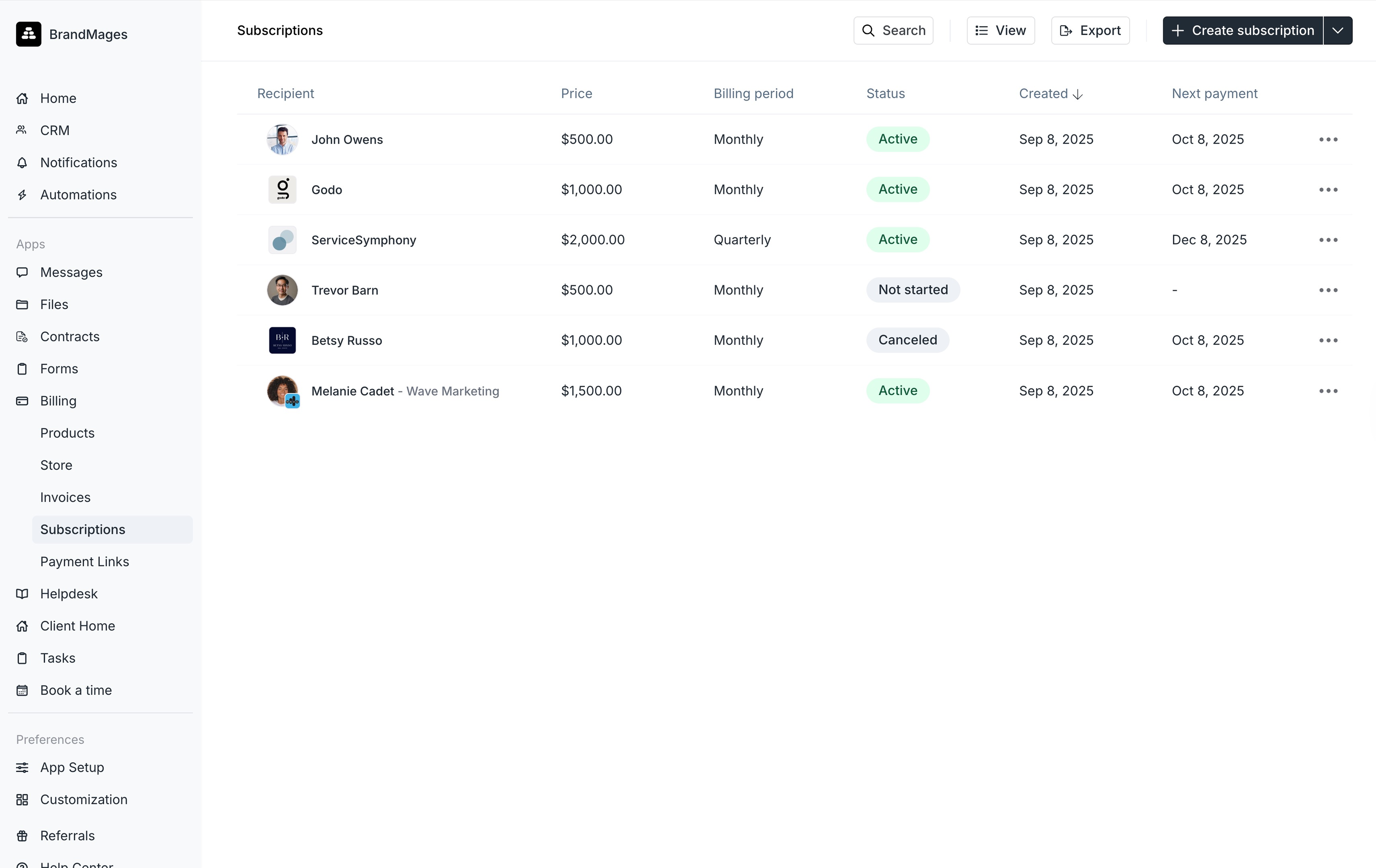 The Subscriptions page
