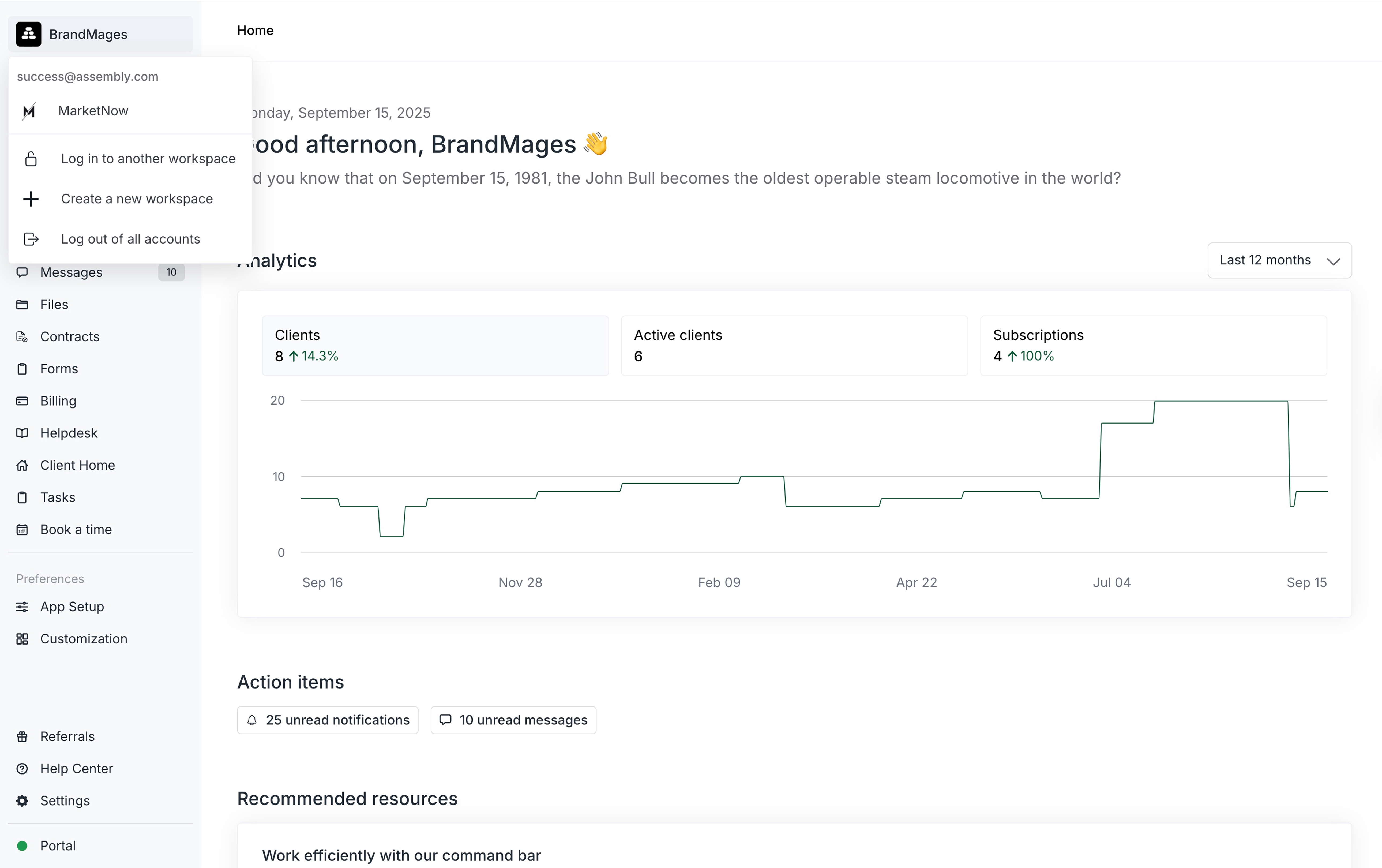 Switching workspaces from the Assembly Dashboard sidebar