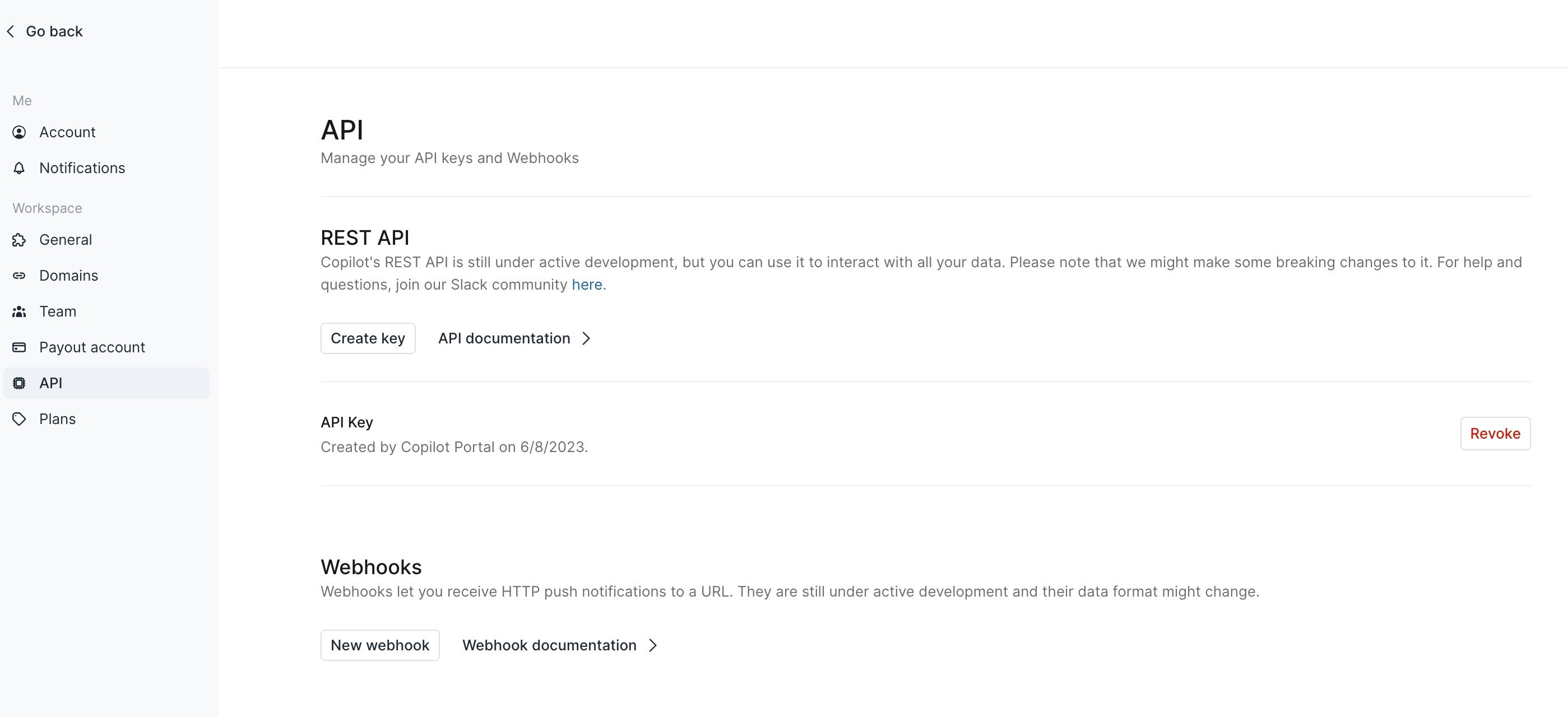 The Settings > API page where webhooks are created