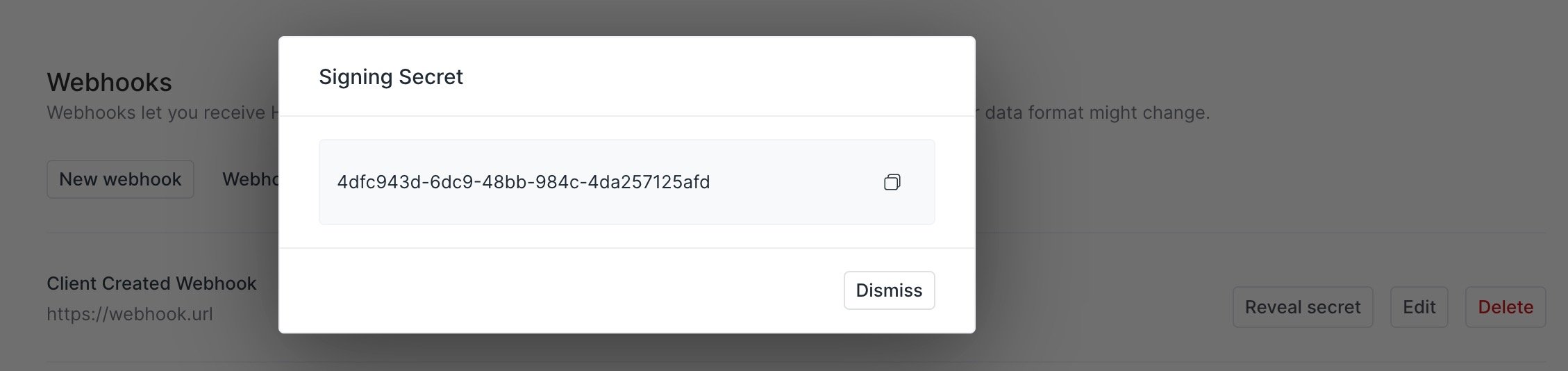 Revealing a webhook signing secret from the webhook menu