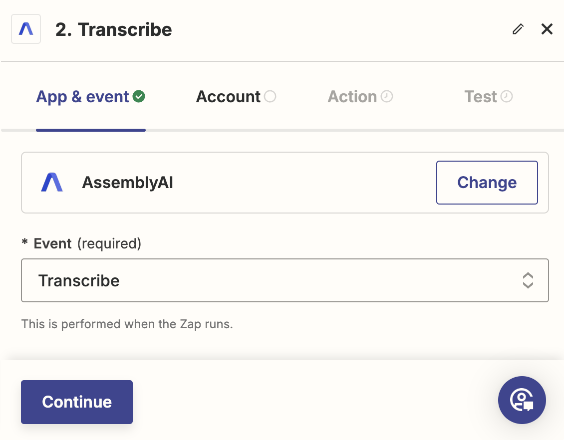 App & event Zapier tab with Event field set to 'Transcribe'.