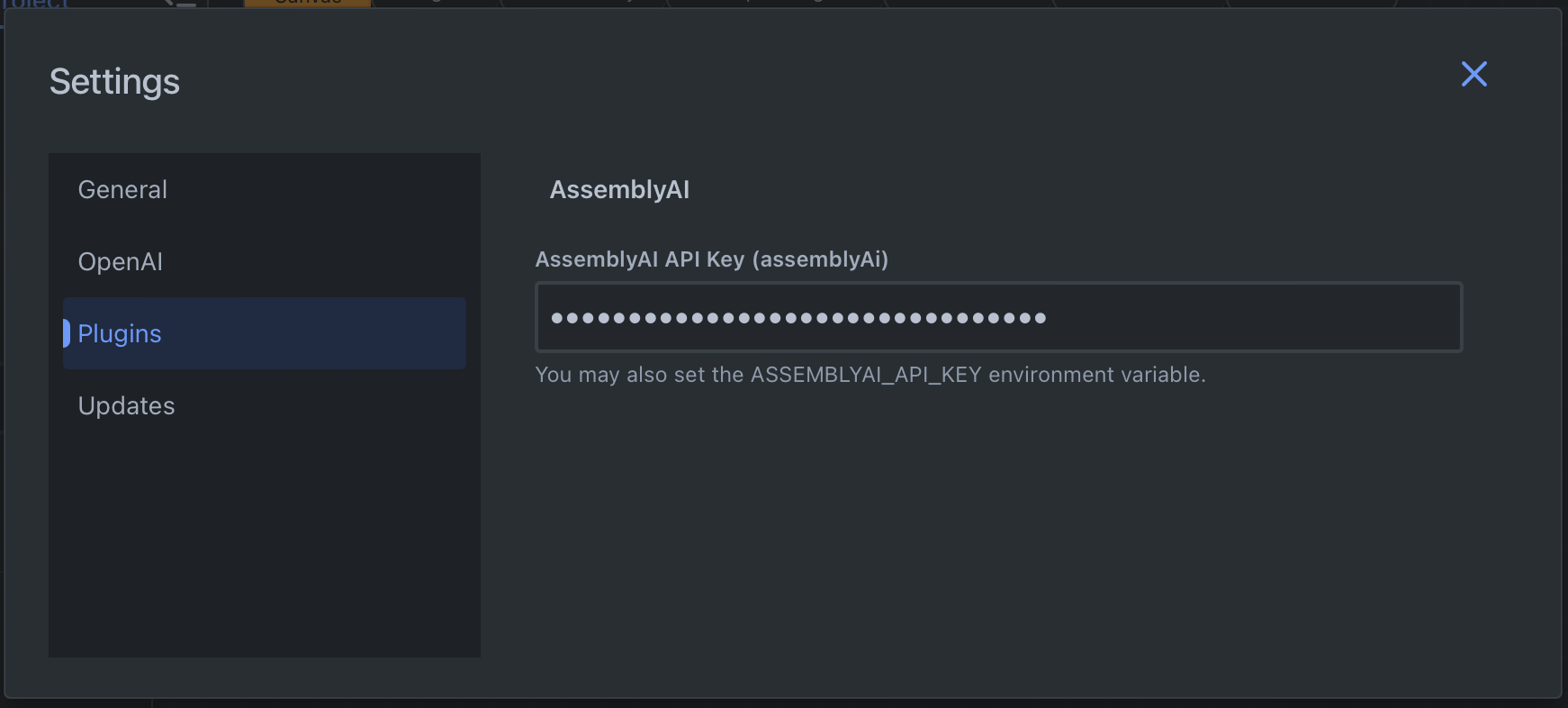 AssemblyAI API key field in Rivet Settings.