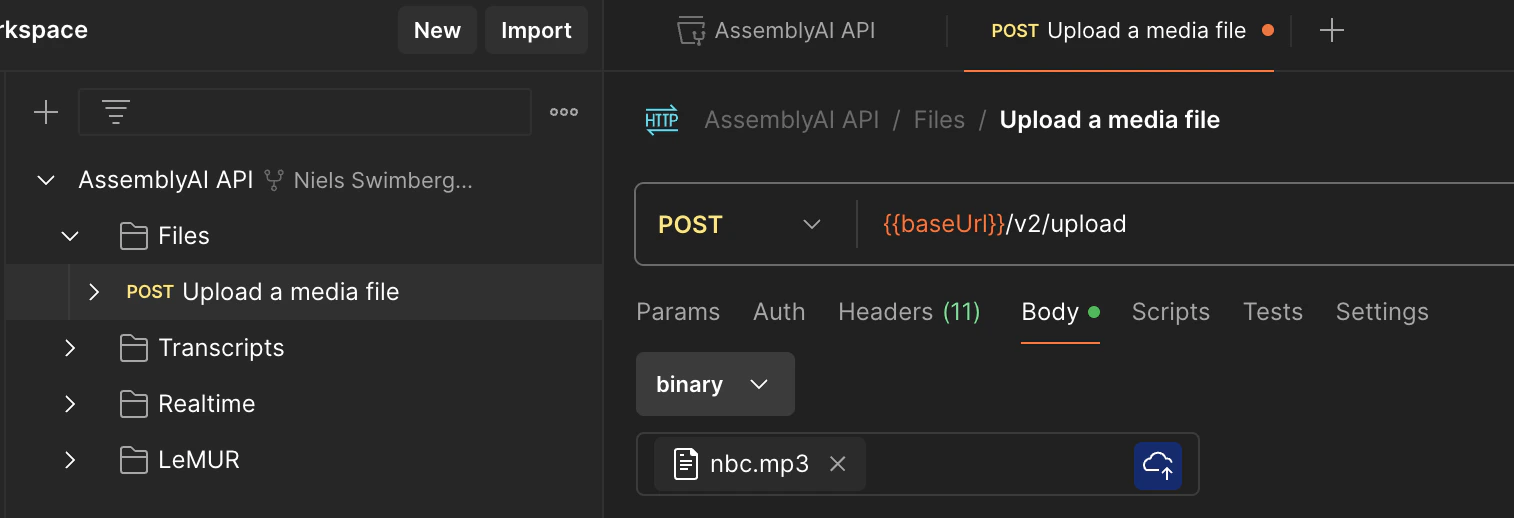 Send upload audio file to AssemblYAI API HTTP request