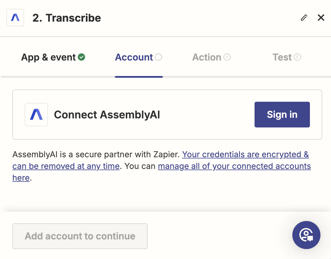 Account Zapier tab where you are prompted to Connect AssemblyAI with a Sign in button.