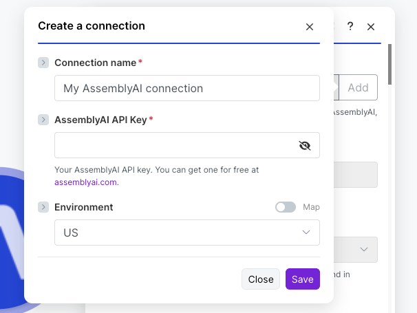 Create a connection to AssemblyAI in Make