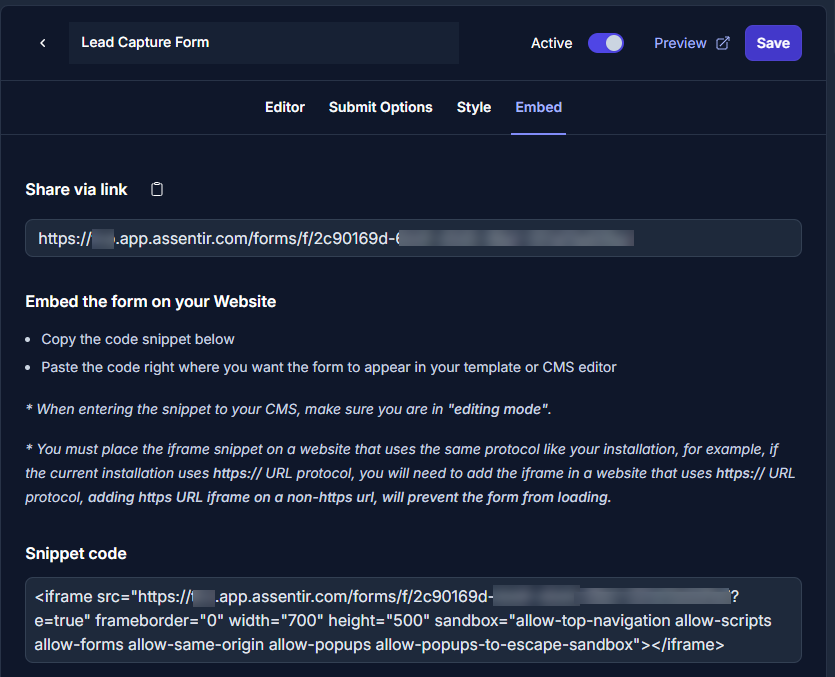 Assentir Form embedding