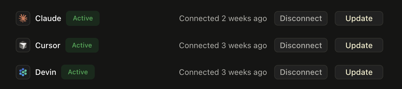 The integrations settings page with Claude, Cursor, and Devin connected