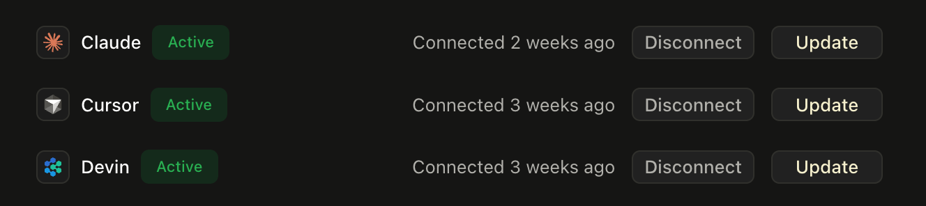 The integrations settings page with Claude, Cursor, and Devin connected