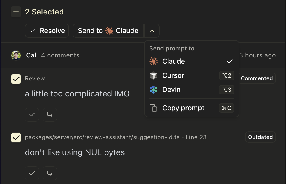 Sending two selected comments to an agent