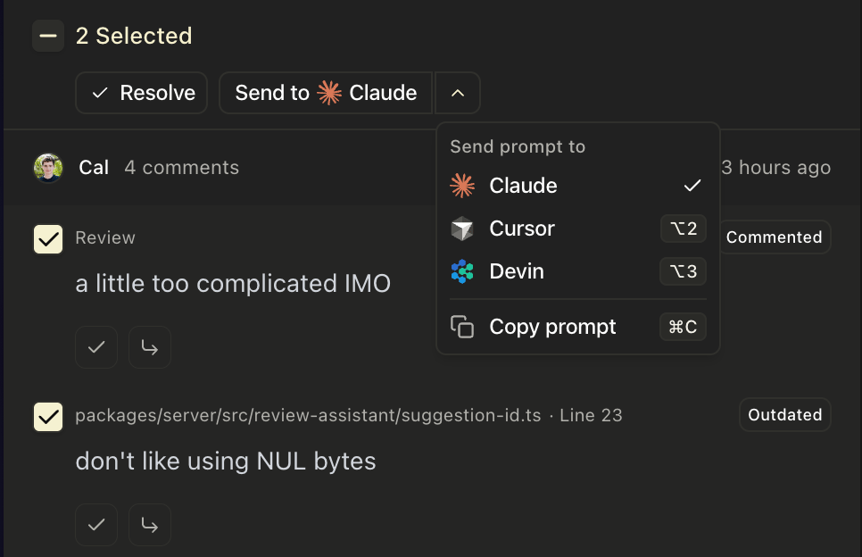 Sending two selected comments to an agent