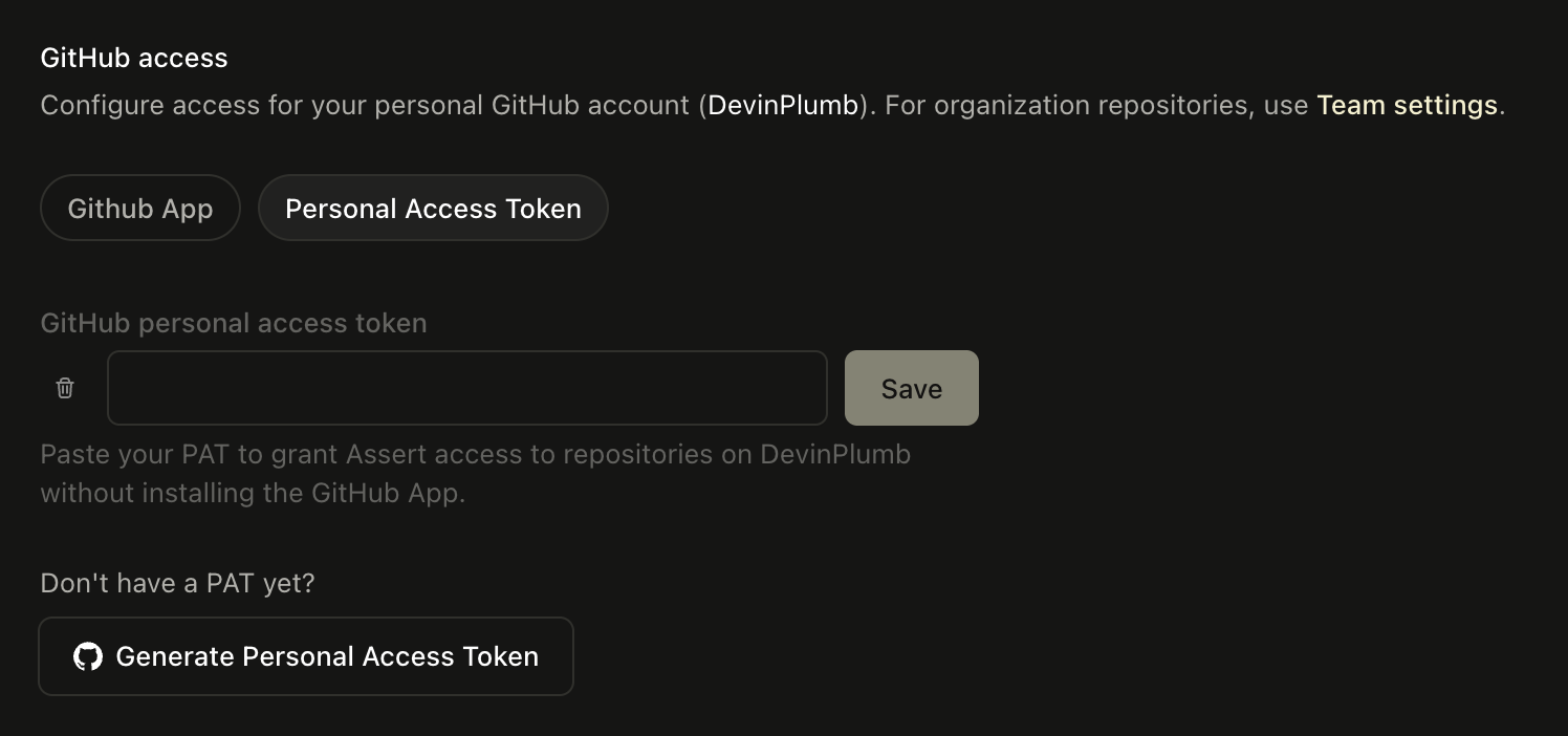 Assert Personal Access Token Settings