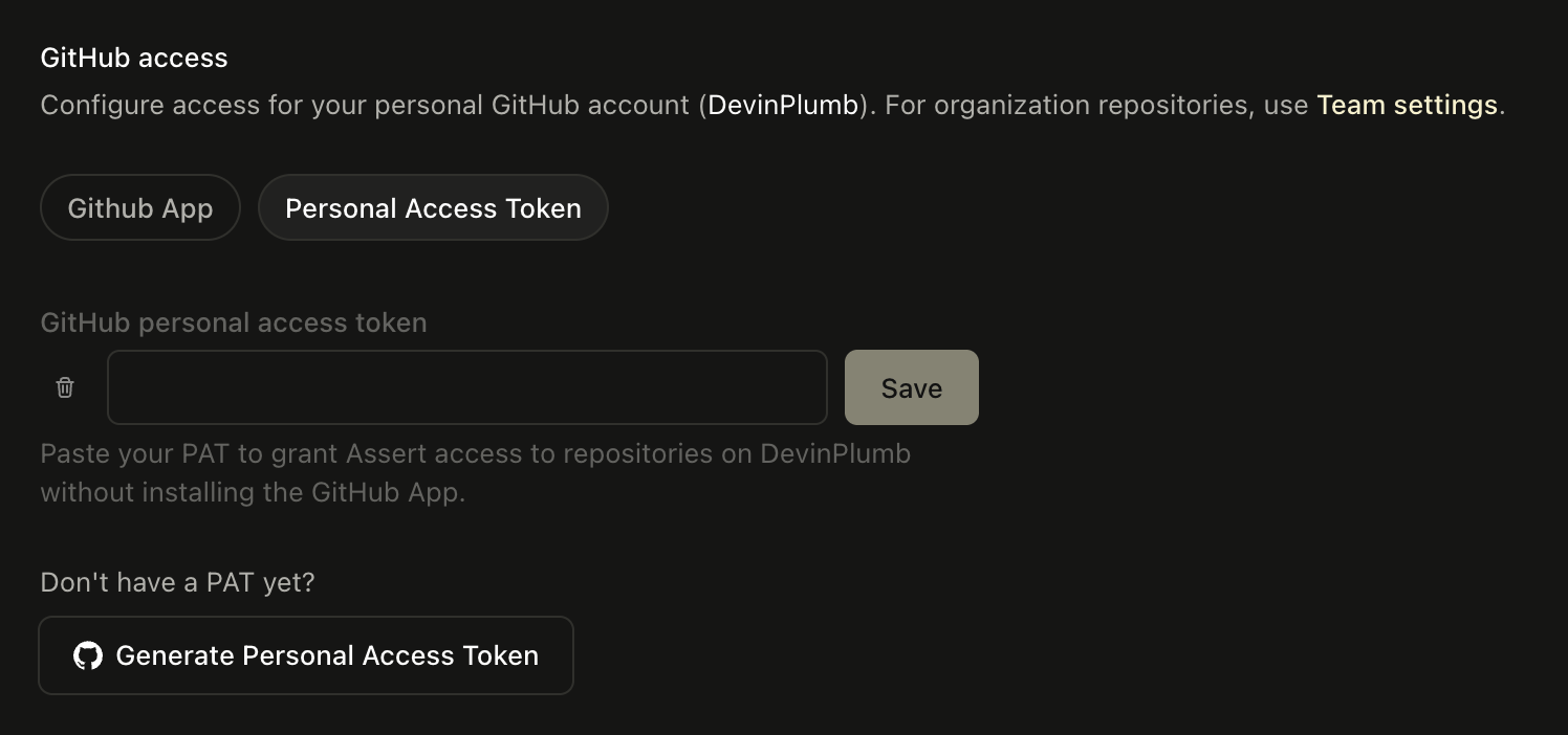 Assert Personal Access Token Settings