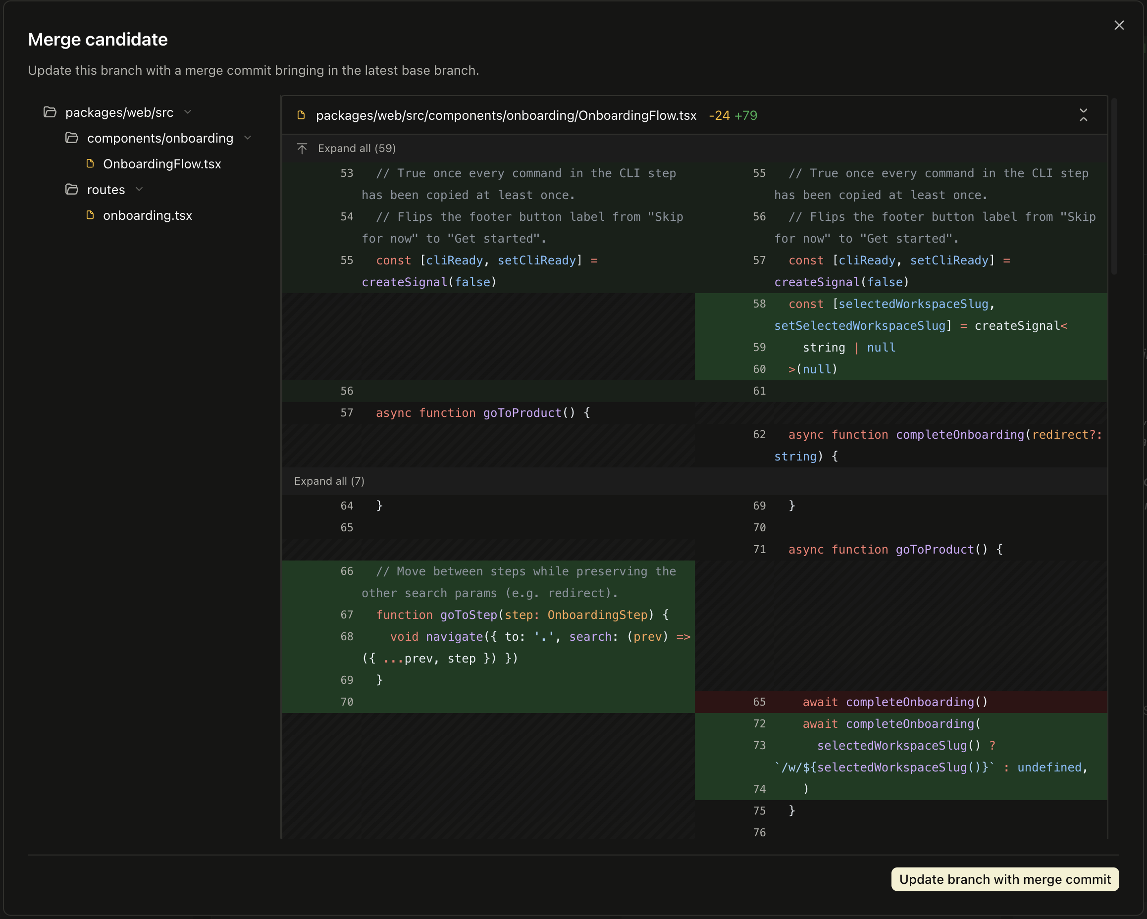 The merge candidate dialog showing the merged result as a diff