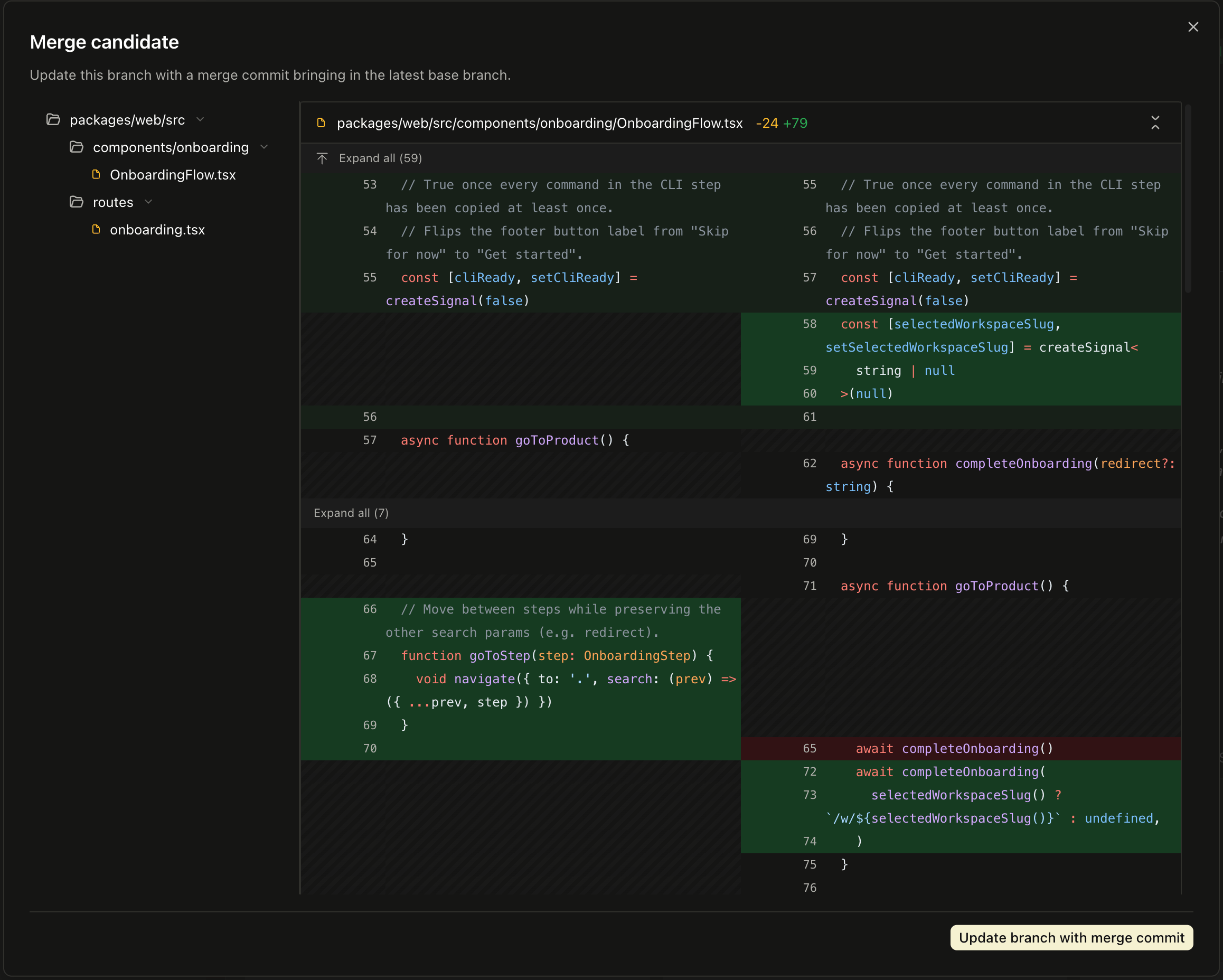 The merge candidate dialog showing the merged result as a diff