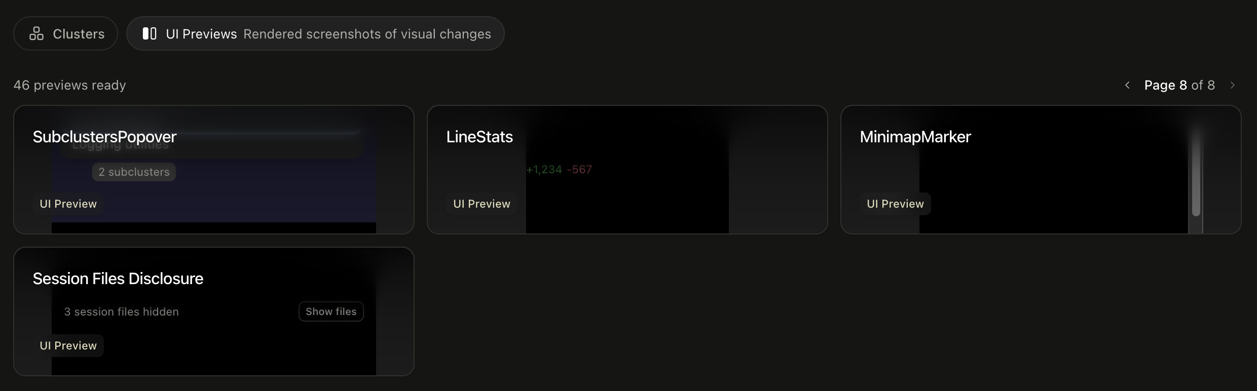 The UI Previews tab, showing rendered components for a pull request