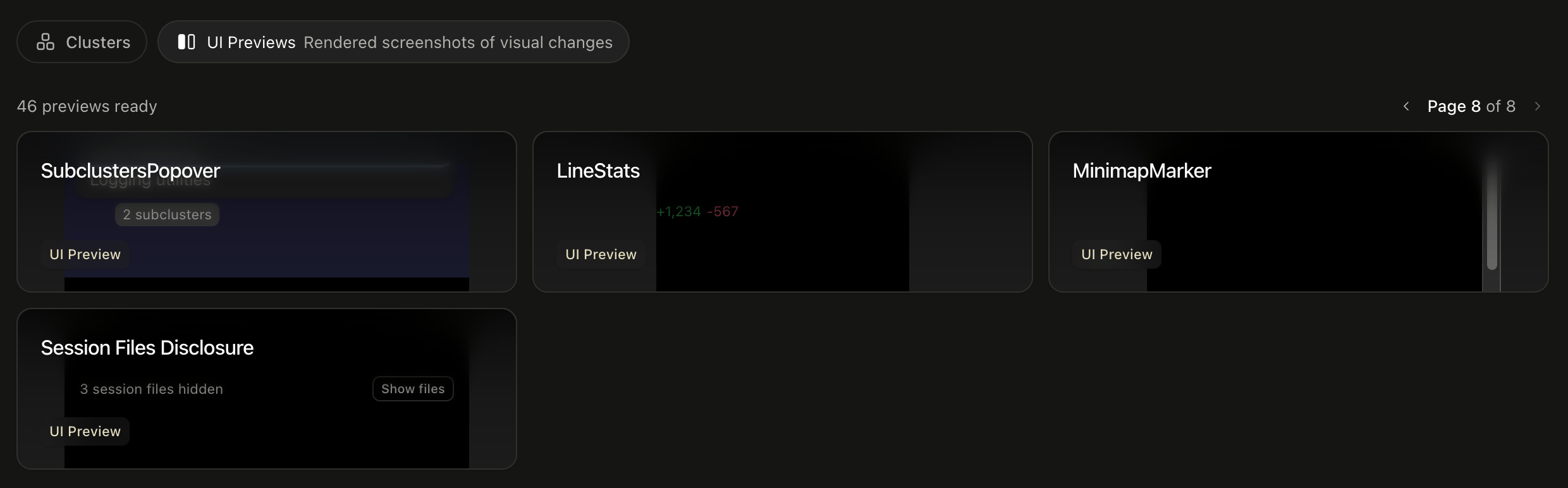 The UI Previews tab, showing rendered components for a pull request