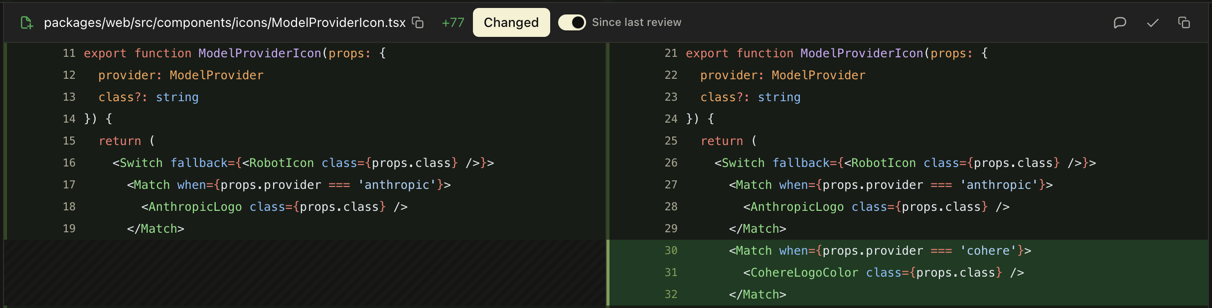 The same file with Since last review on, highlighting only the new lines