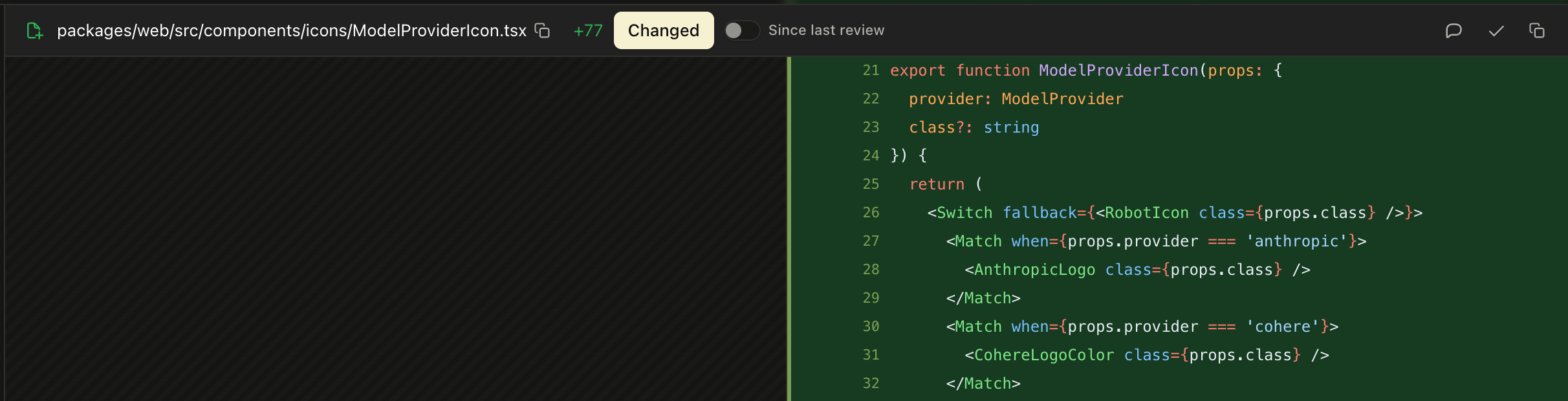 A changed file showing the full diff against the pull request base