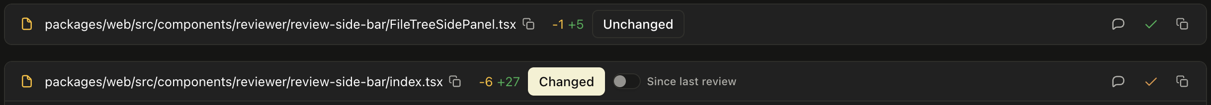 An unchanged, reviewed file collapsed above a changed file