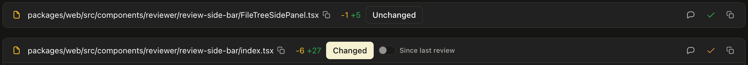 An unchanged, reviewed file collapsed above a changed file