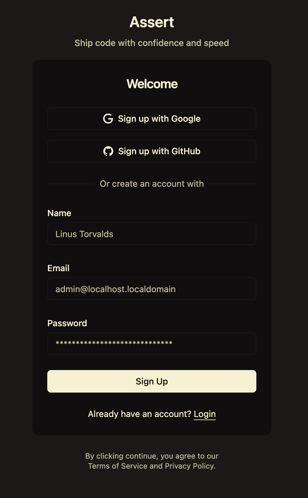 Signing up for Assert