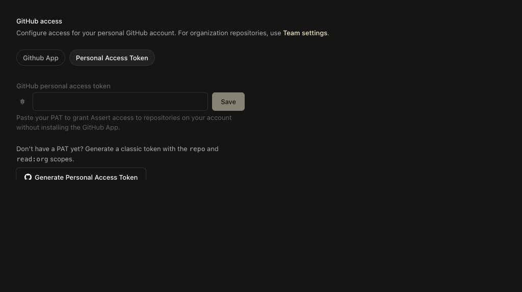 The Personal Access Token tab in Assert's GitHub access settings, with an empty token field
