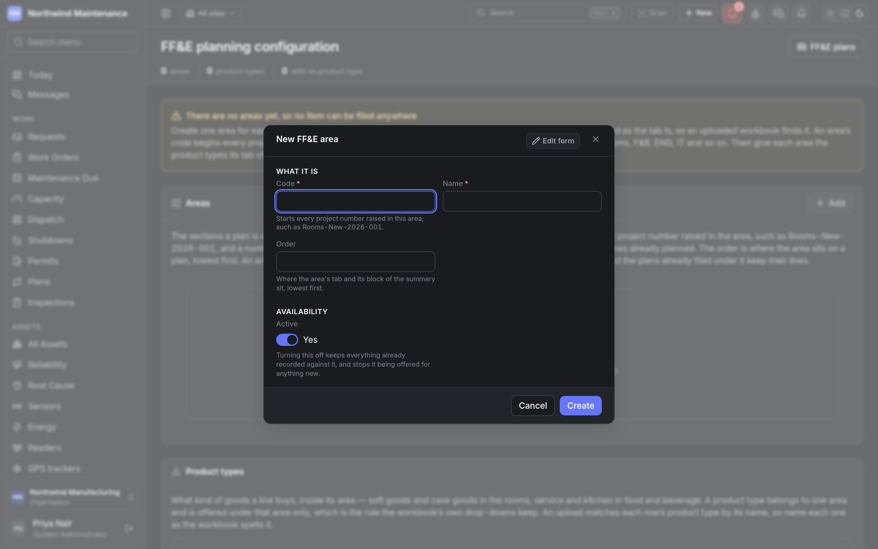 The new FF&E area form