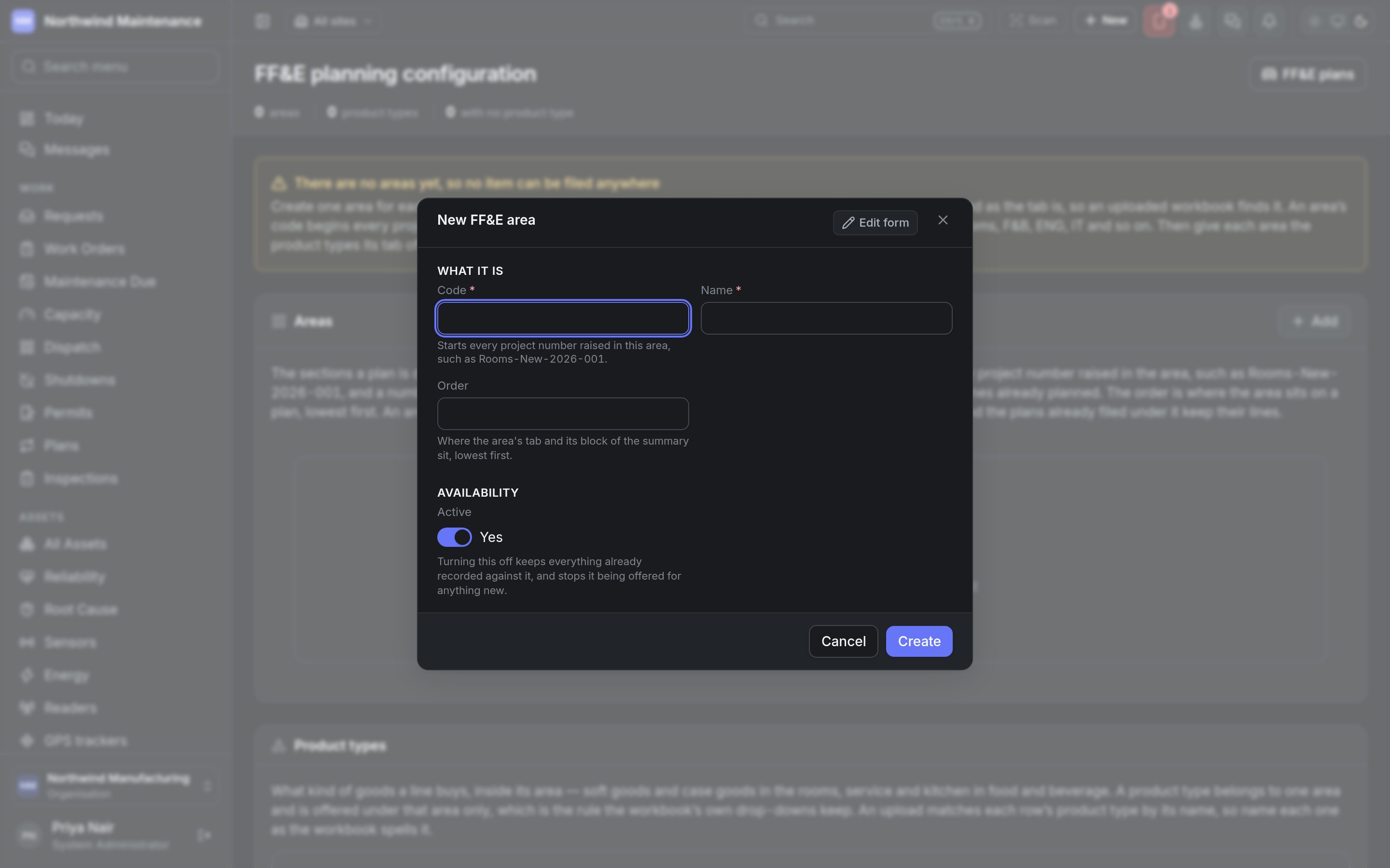 The new FF&E area form