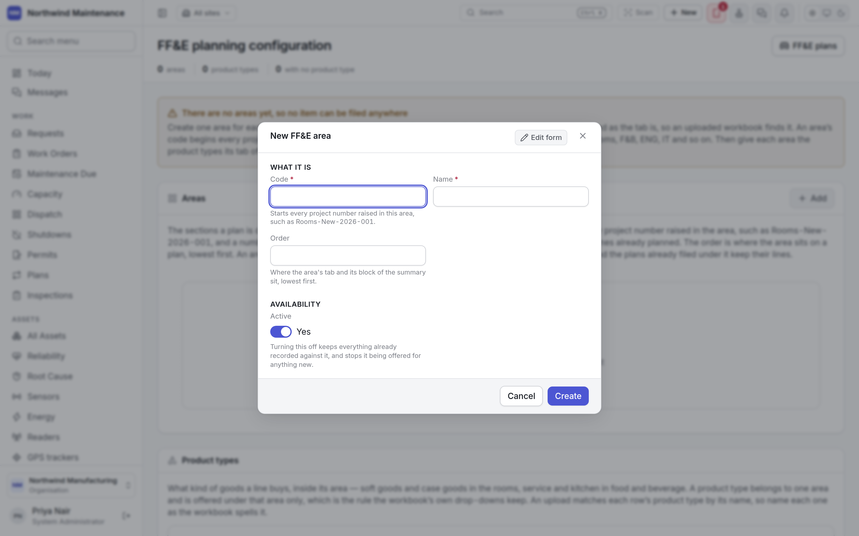 The new FF&E area form