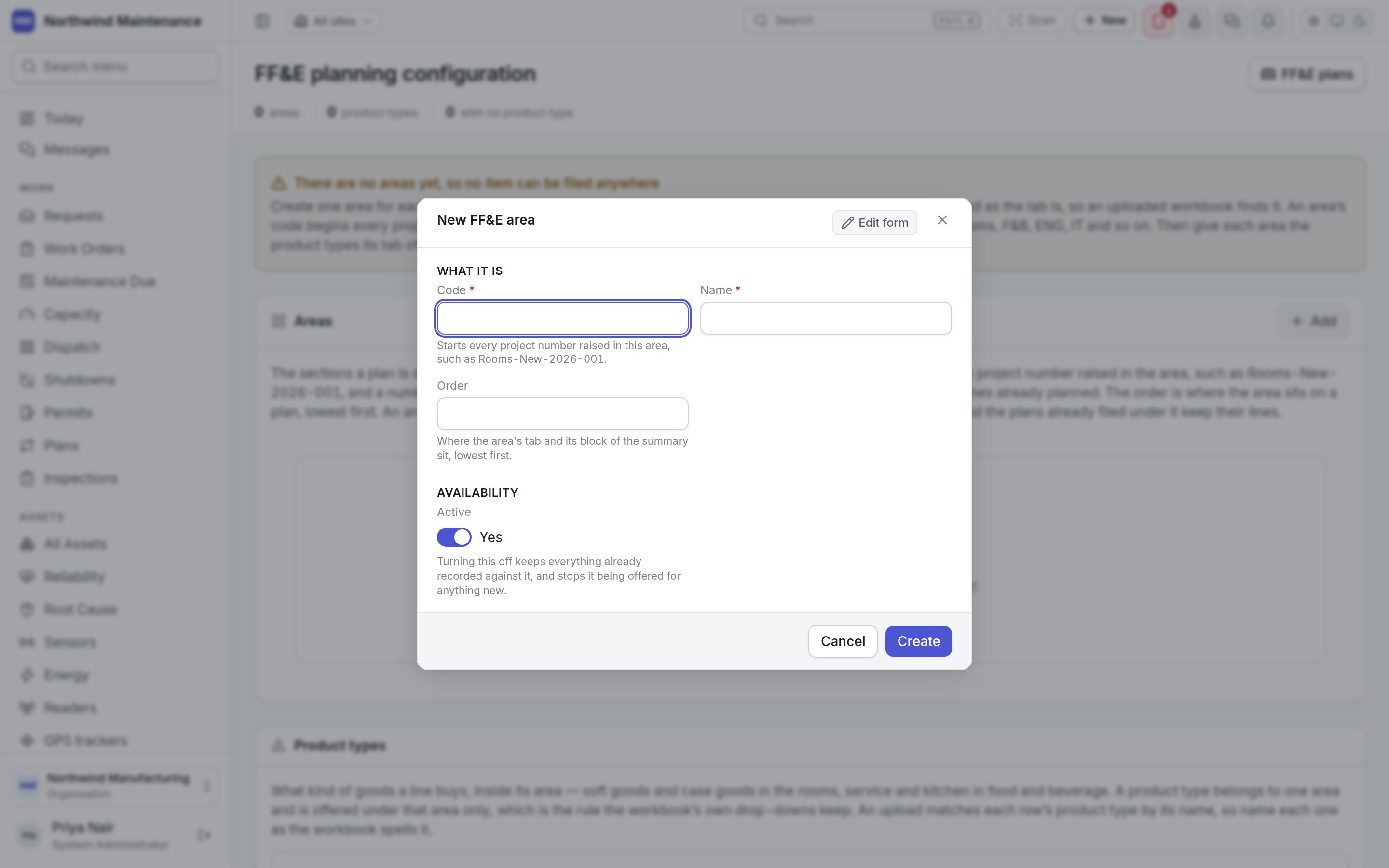The new FF&E area form