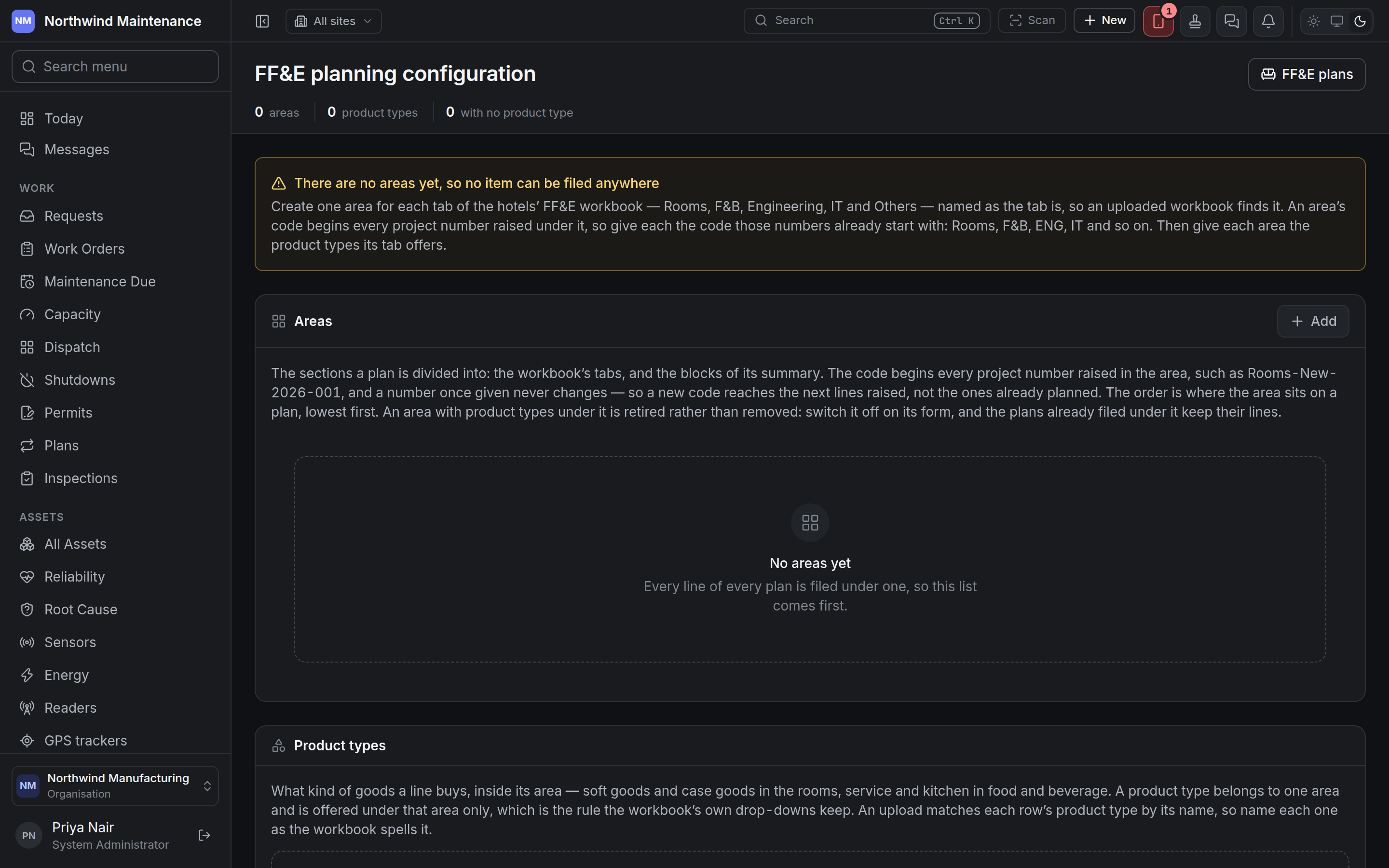 The FF&E planning configuration screen before any areas exist
