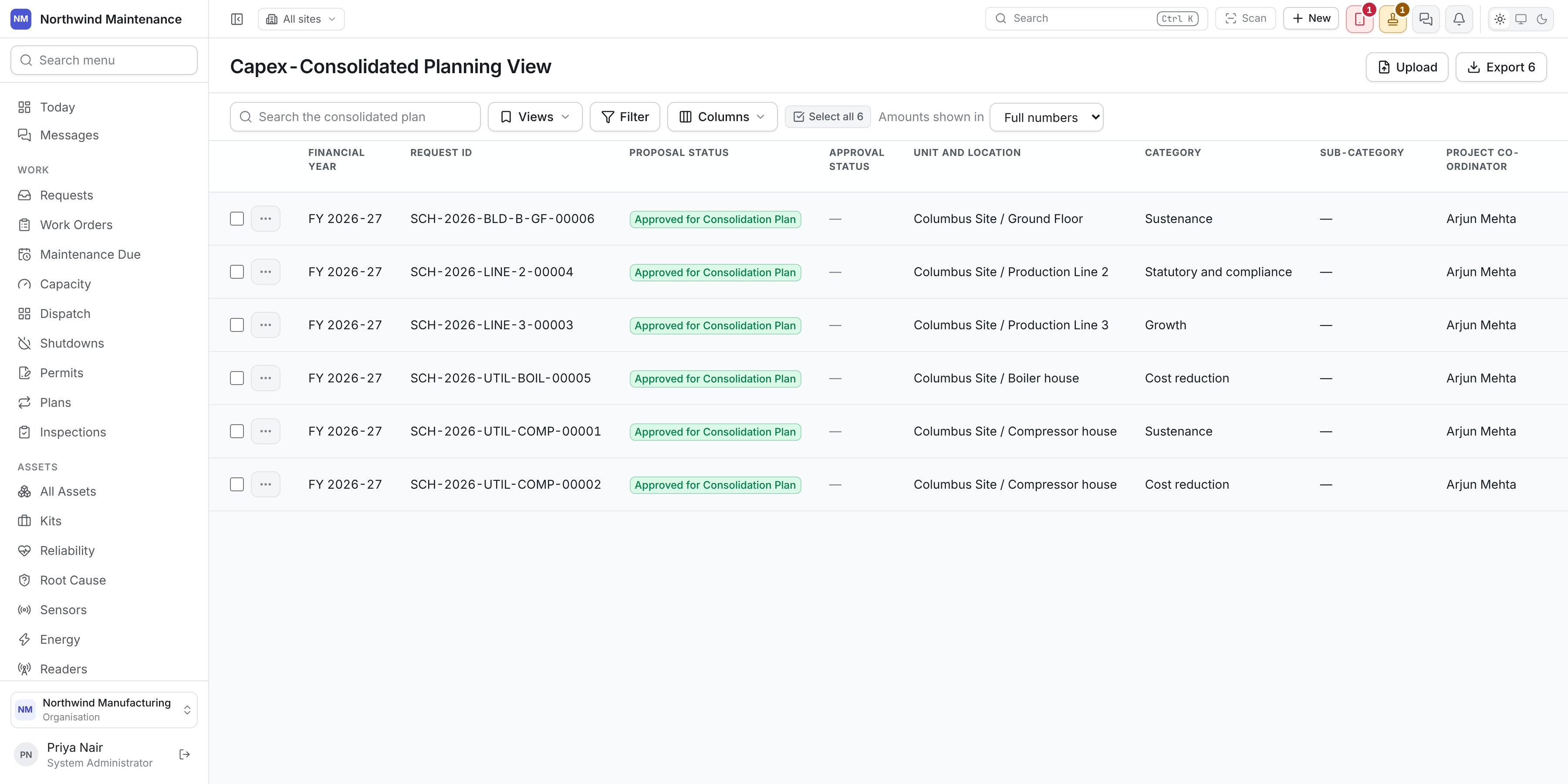 The Capex-Consolidated Planning View with one row per approved proposal, each Approved for Consolidation Plan, with its request ID, unit and location, category and coordinator
