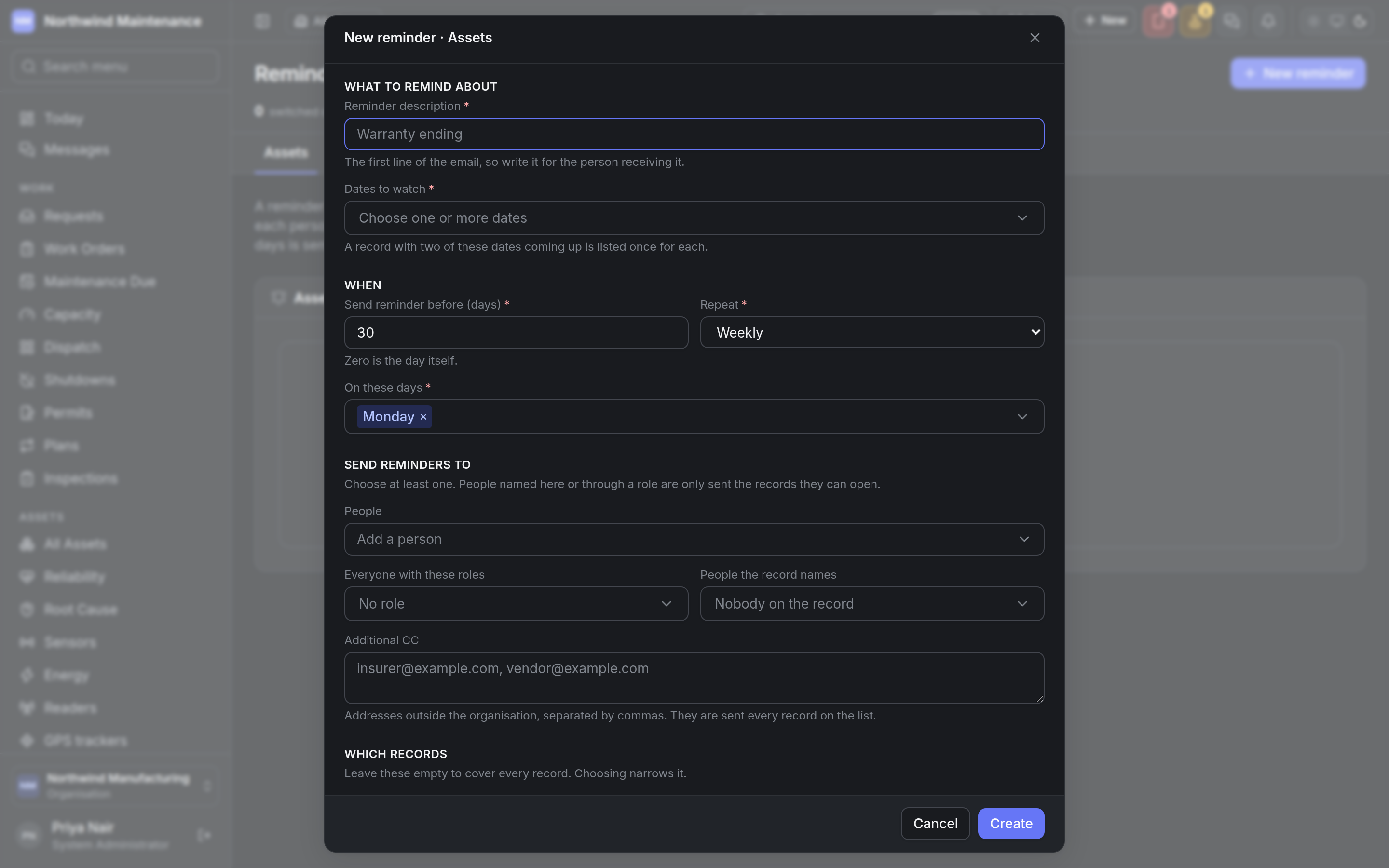 The new reminder form for assets