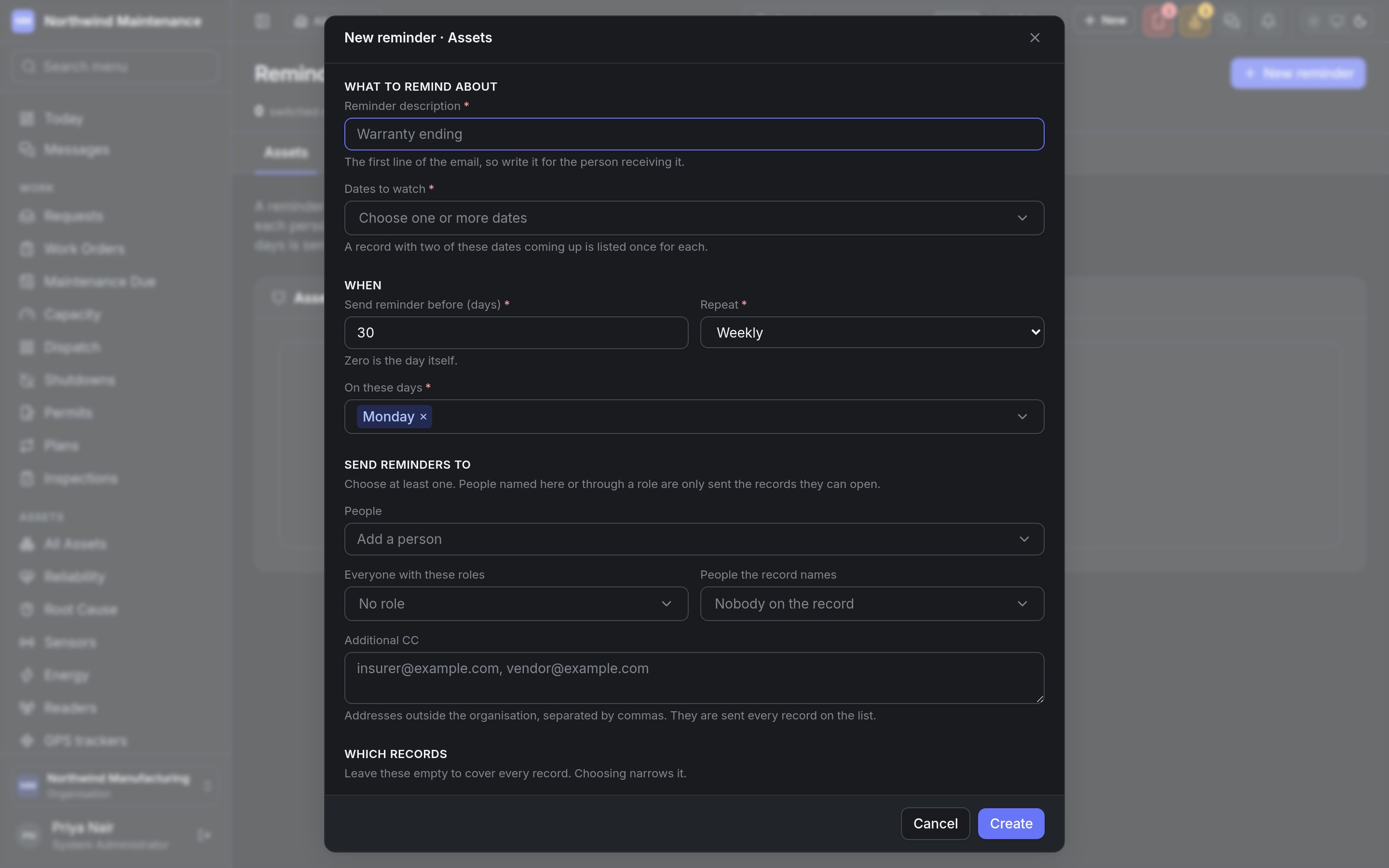 The new reminder form for assets