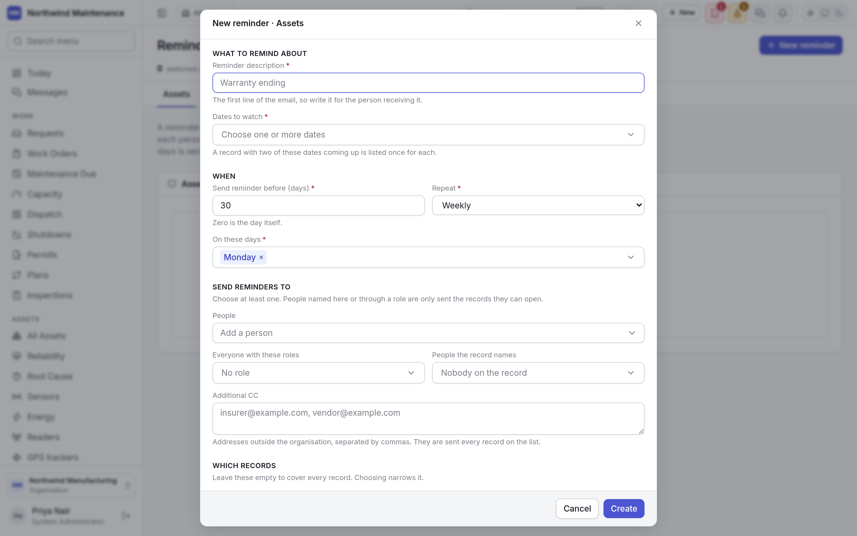 The new reminder form for assets