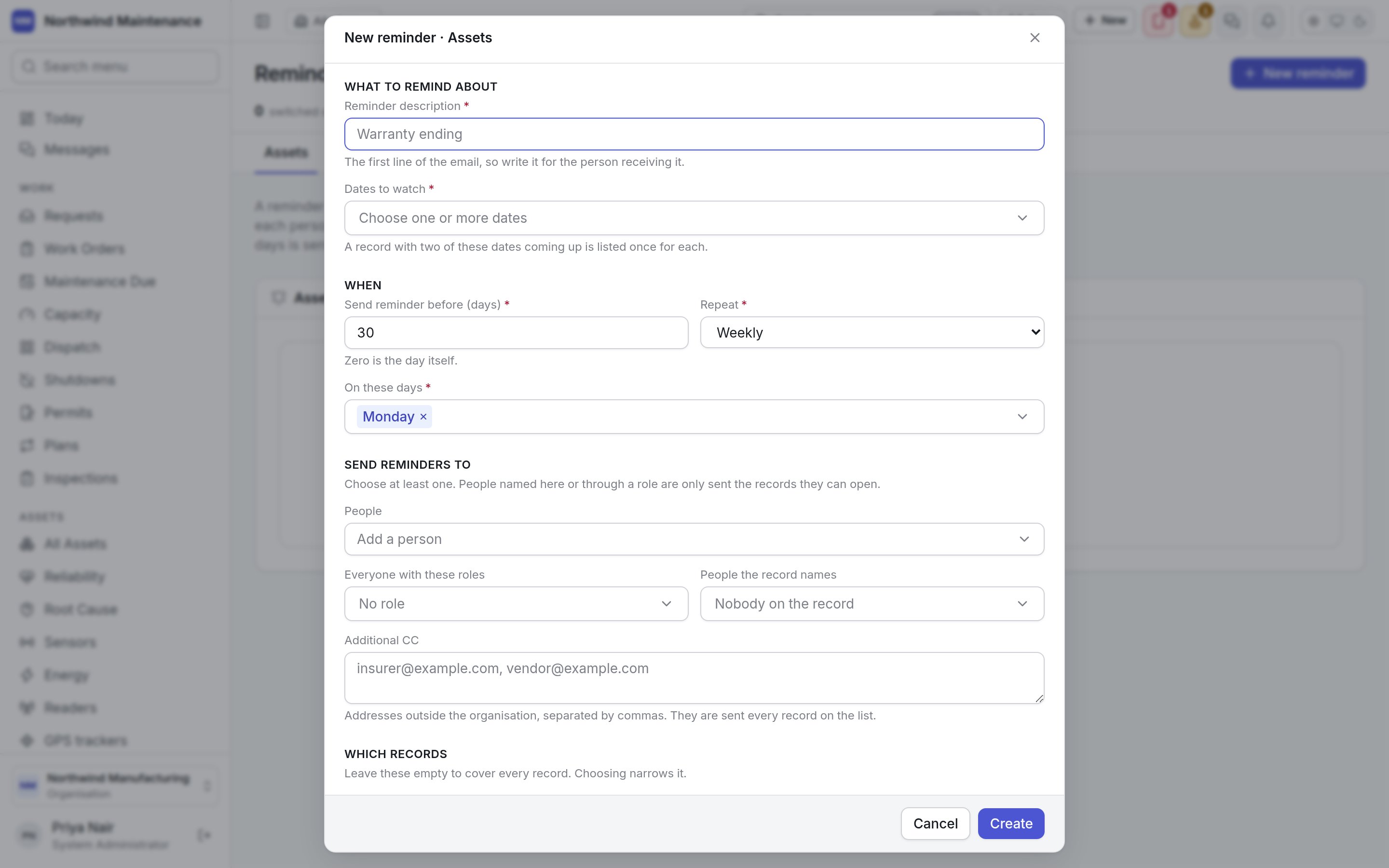 The new reminder form for assets