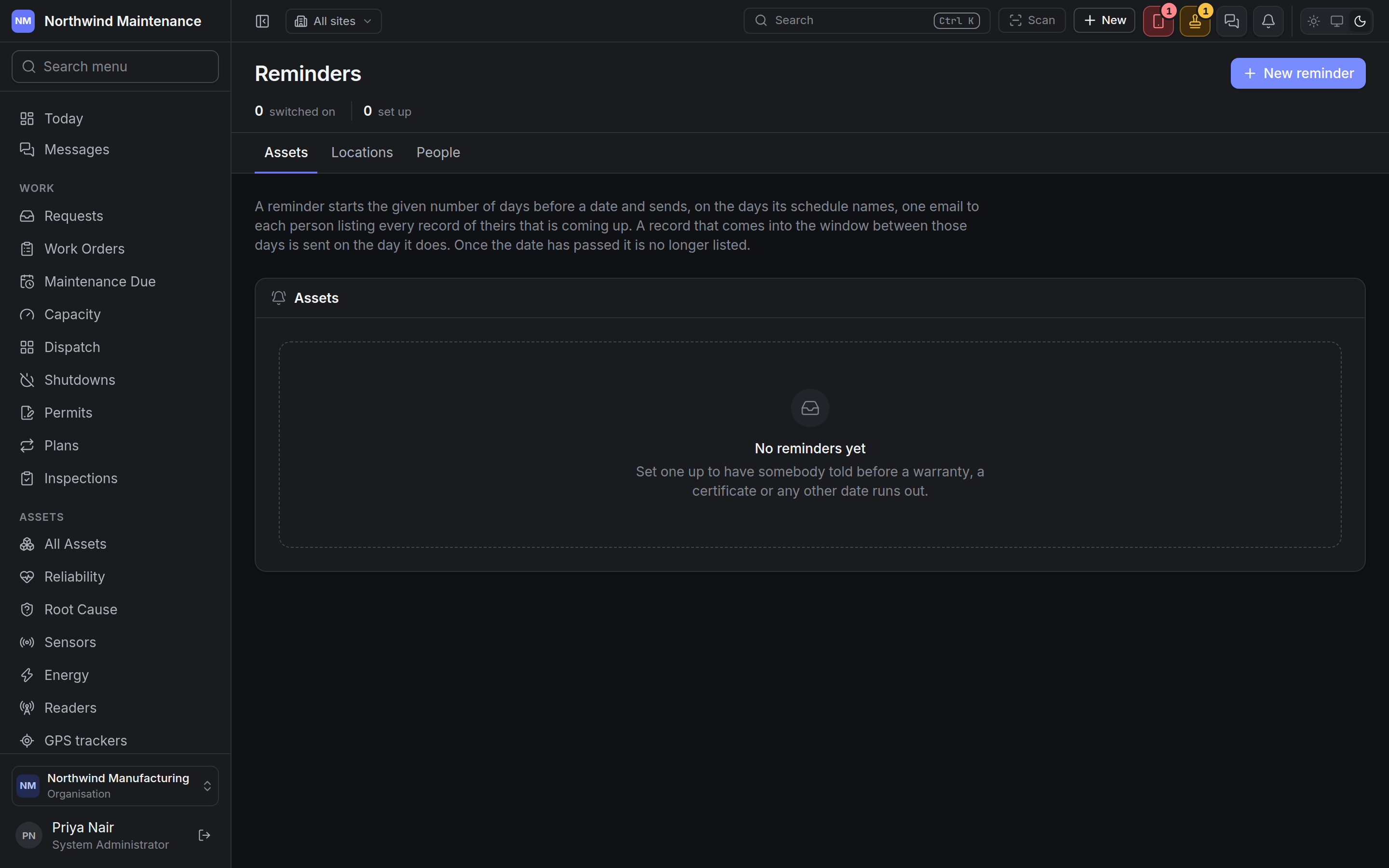 The Reminders screen on the Assets tab