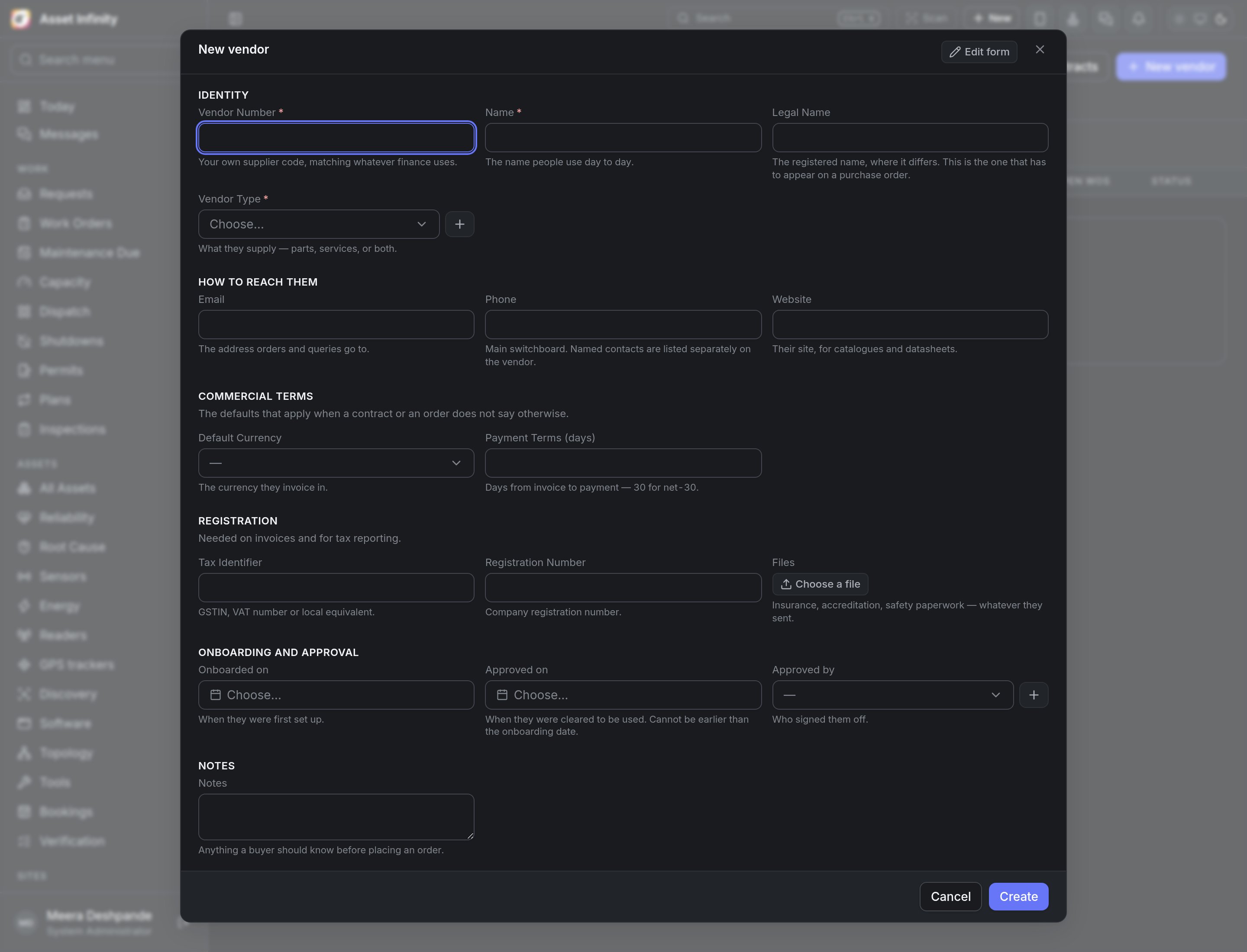 The New vendor form in an Indian organisation, with the Tax Identifier field for the GSTIN