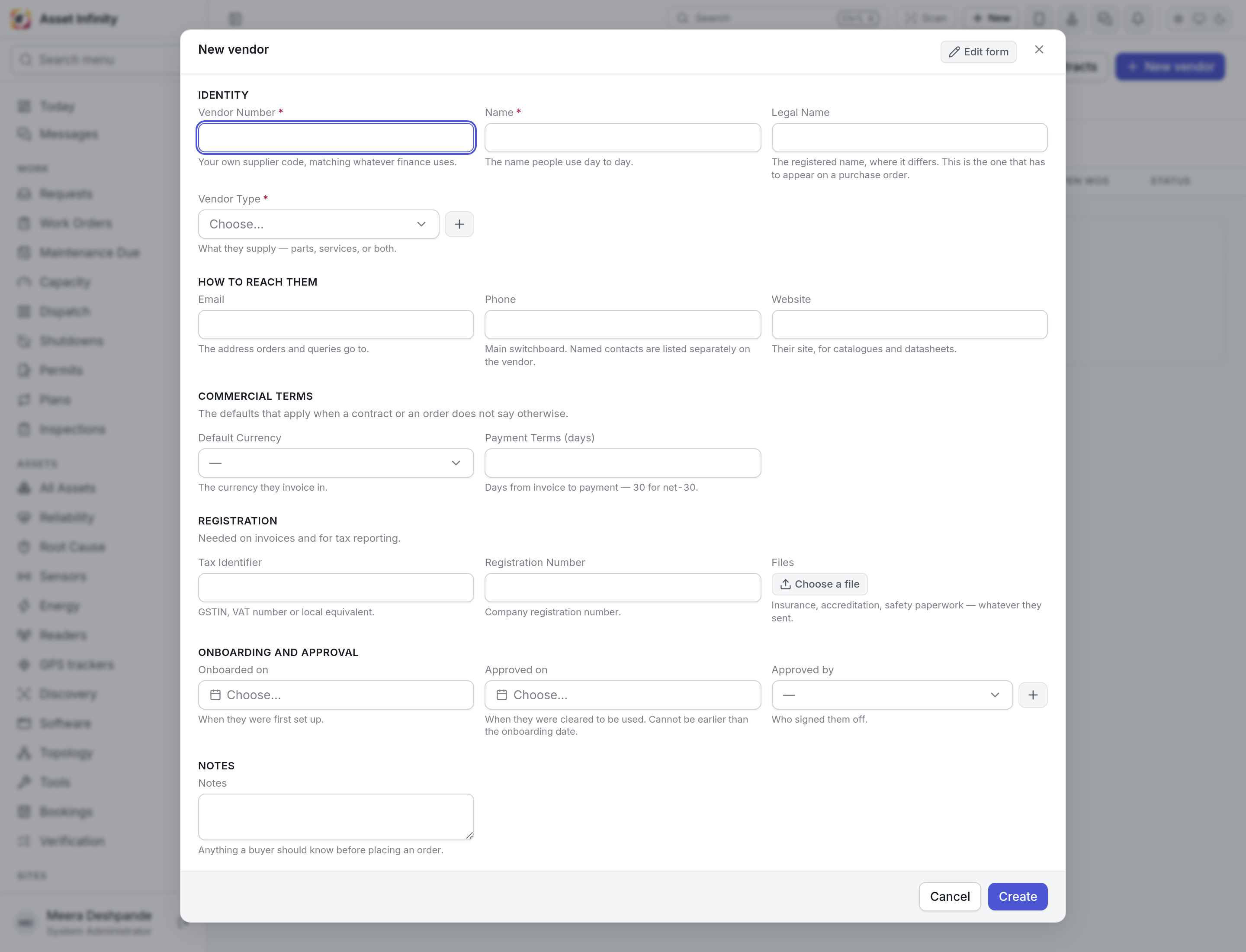 The New vendor form in an Indian organisation, with the Tax Identifier field for the GSTIN