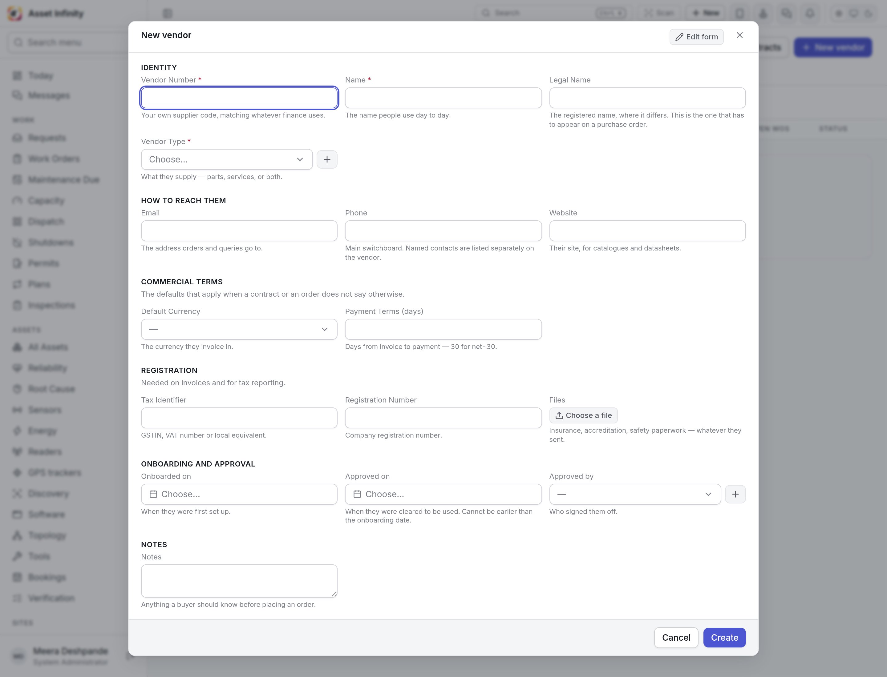 The New vendor form in an Indian organisation, with the Tax Identifier field for the GSTIN