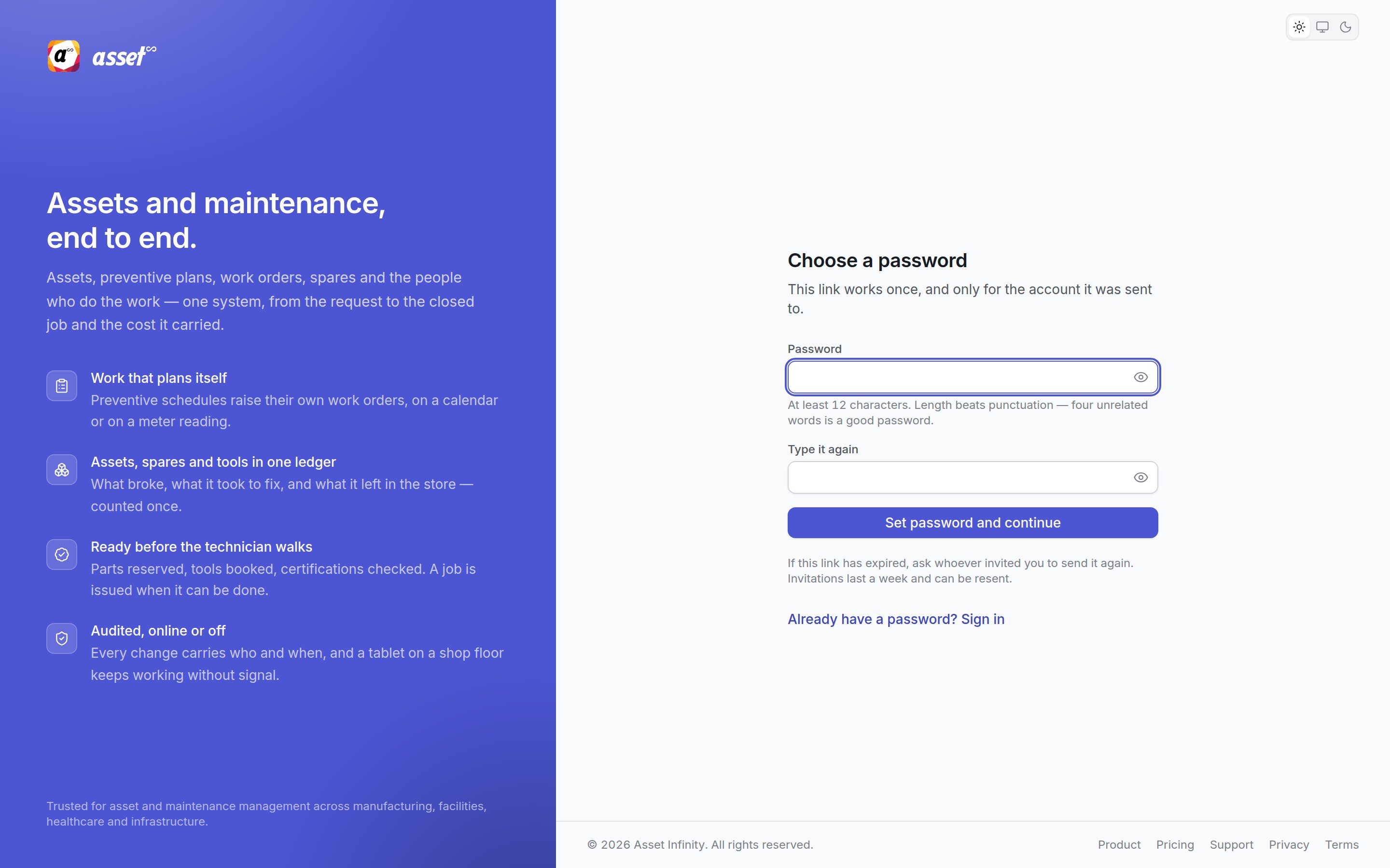 The Choose a password screen opened from an invitation