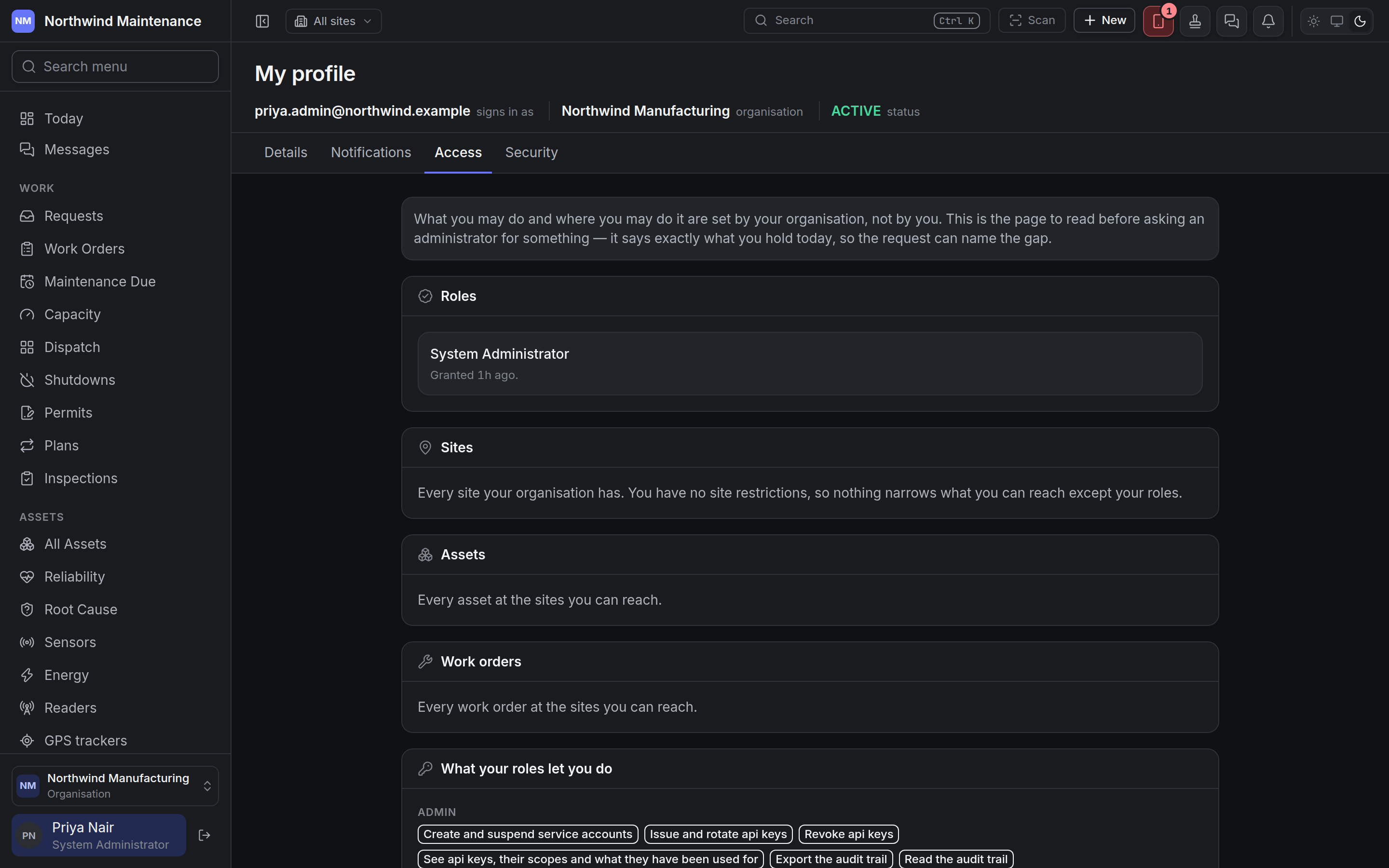 The Access tab listing roles, site reach and permissions