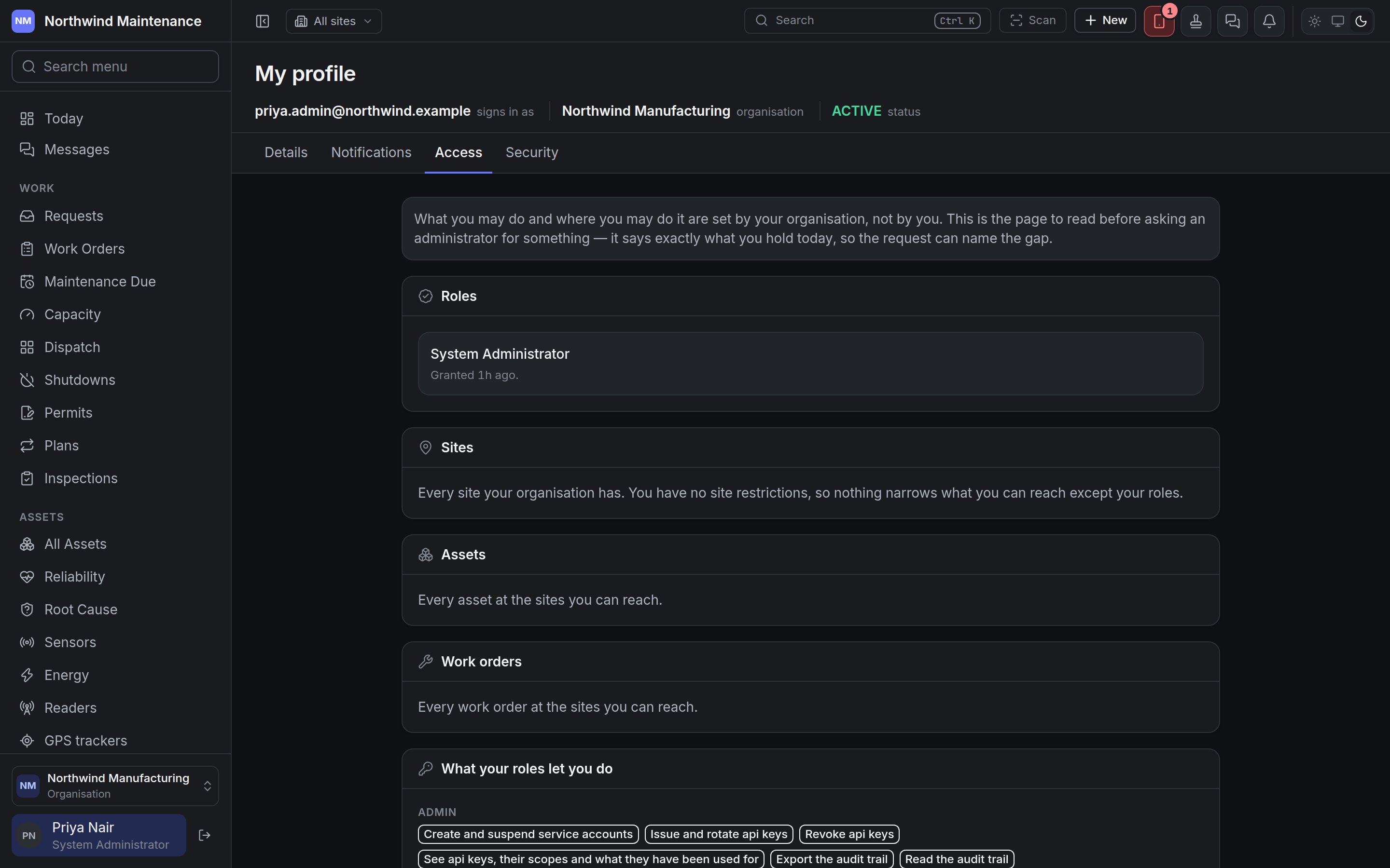 The Access tab listing roles, site reach and permissions