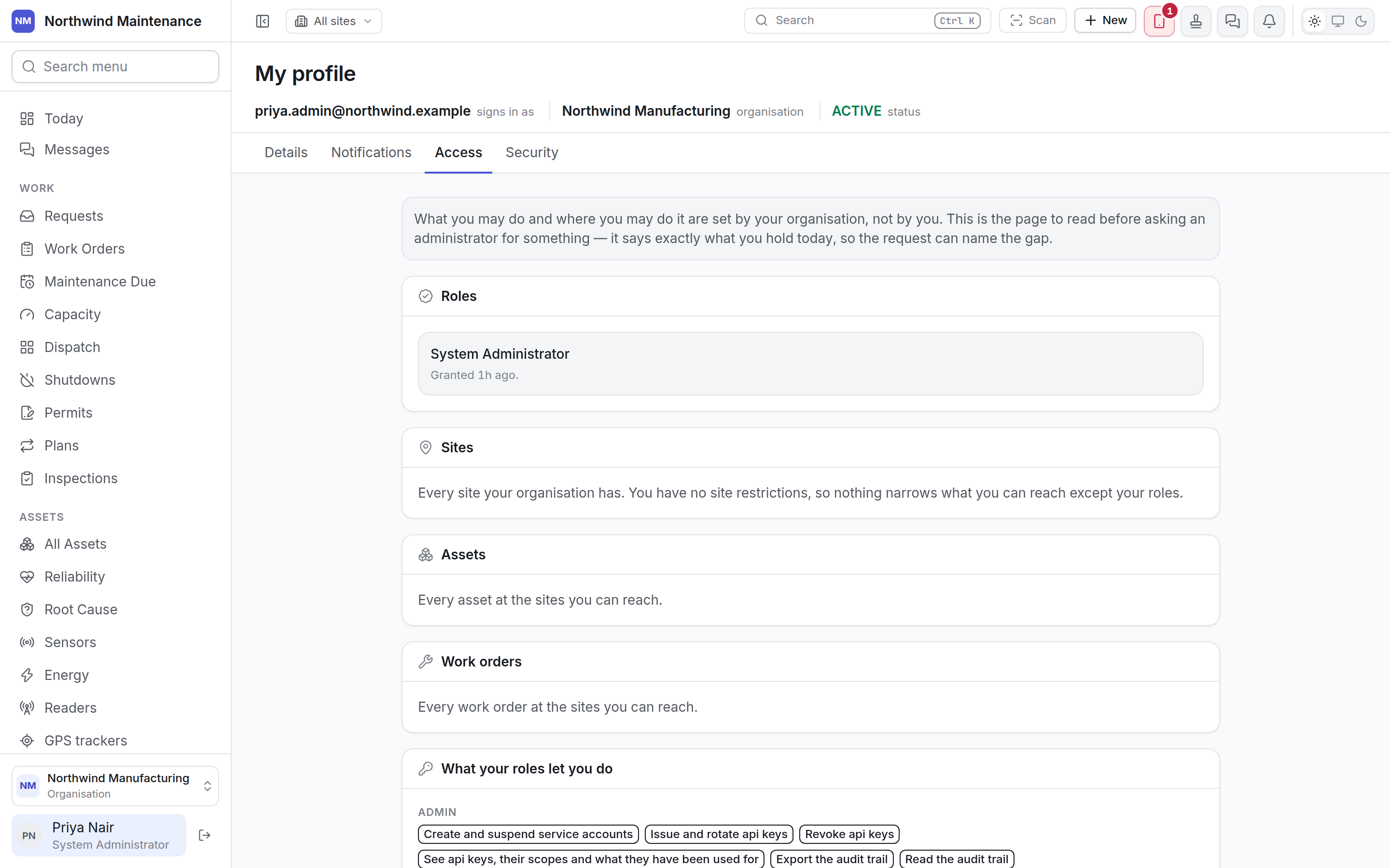 The Access tab listing roles, site reach and permissions