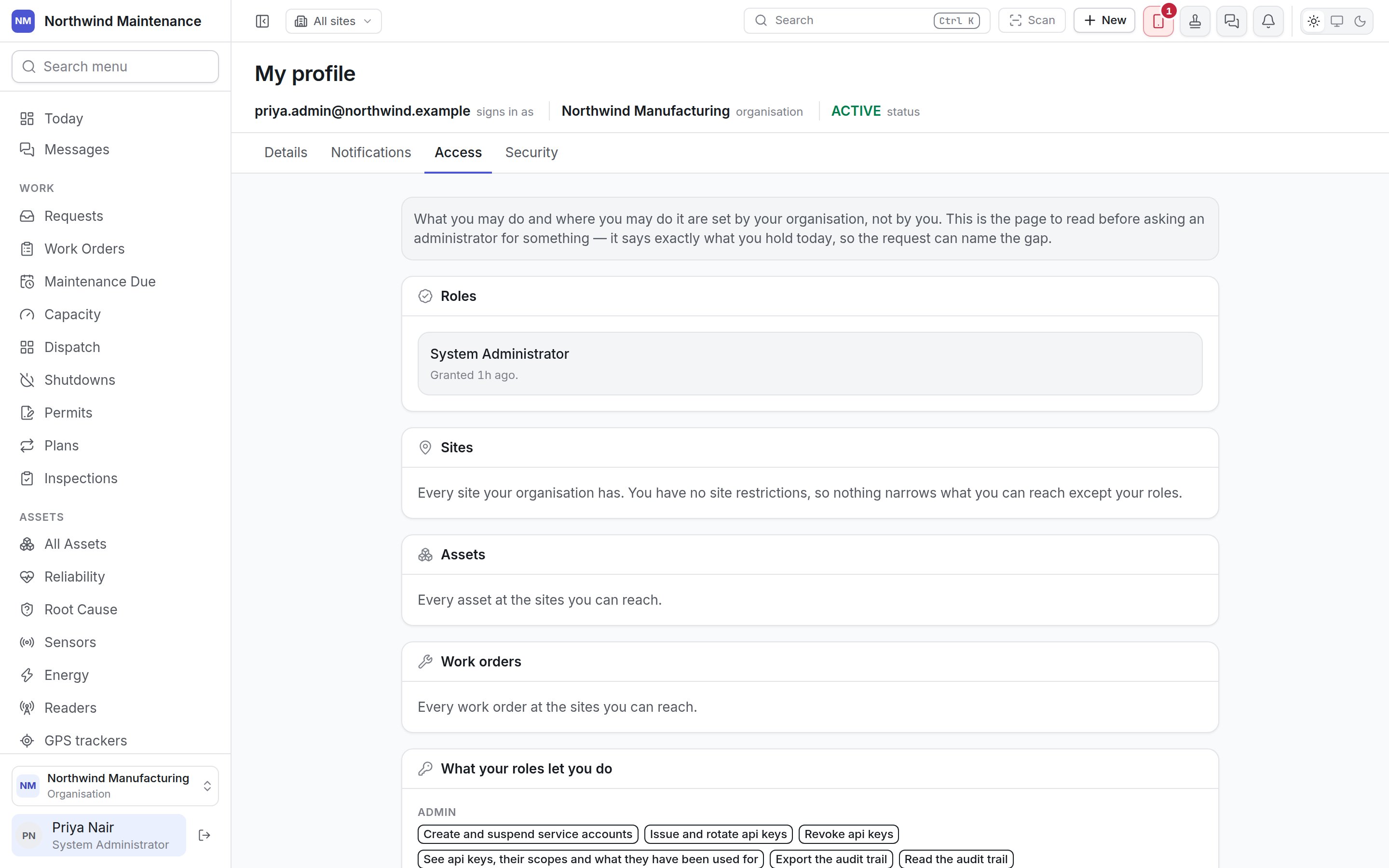 The Access tab listing roles, site reach and permissions