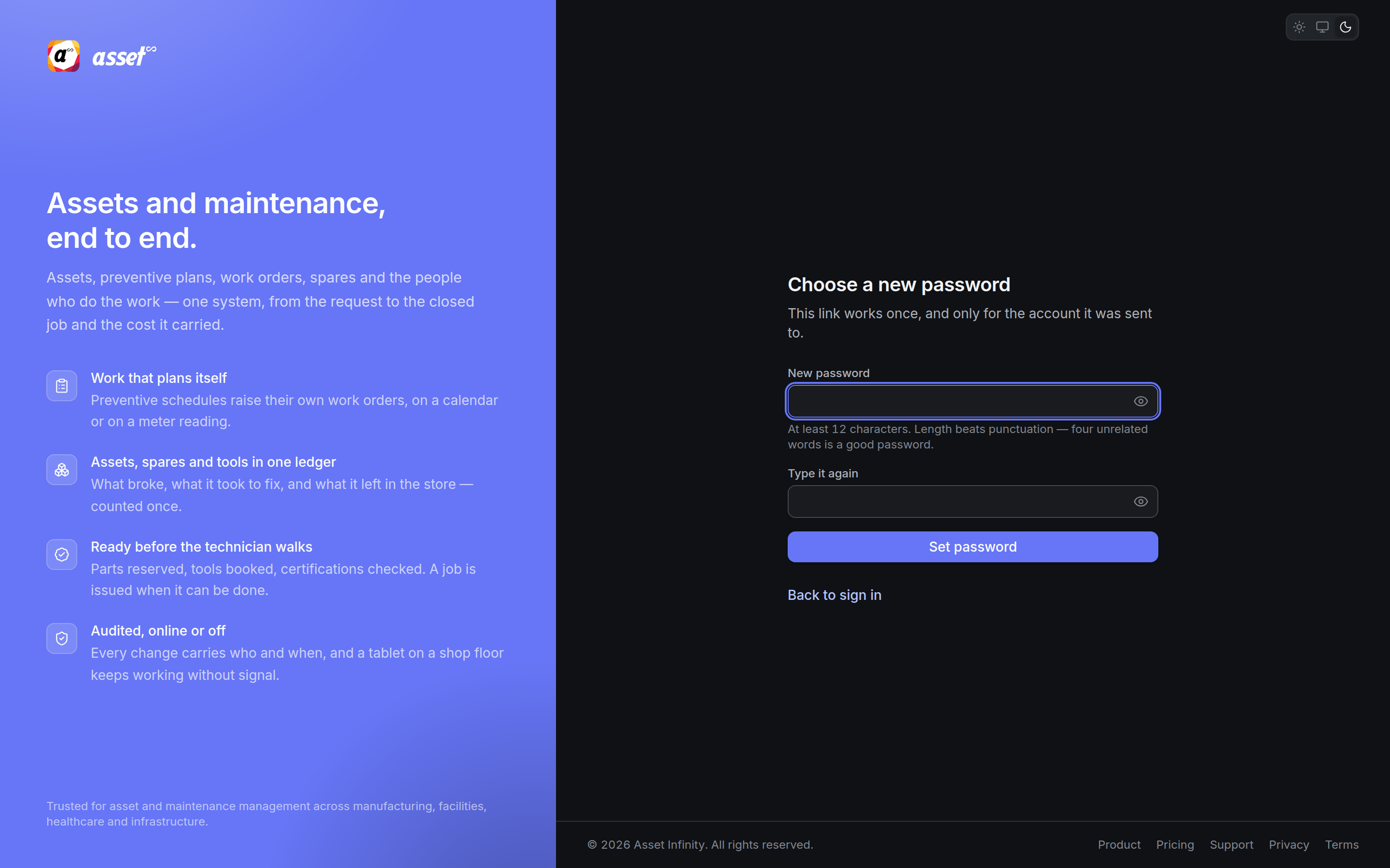 The Choose a new password screen opened from a reset link